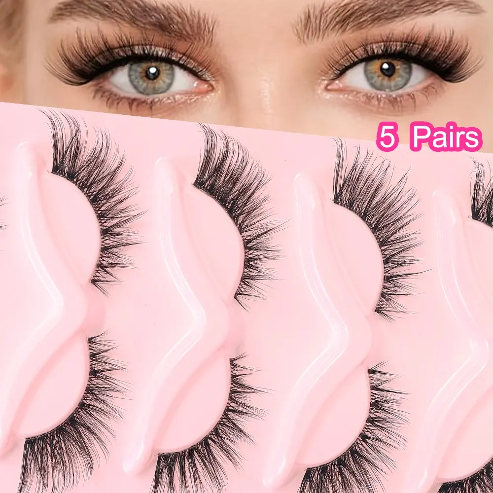 Fox Style False Eyelashes, 5 Pairs, Volume Lashes, Natural Long D Curl, Cross Design, Eye Tail Extension, 20mm, Easy Glamorous Makeup, Fake Eyelashes