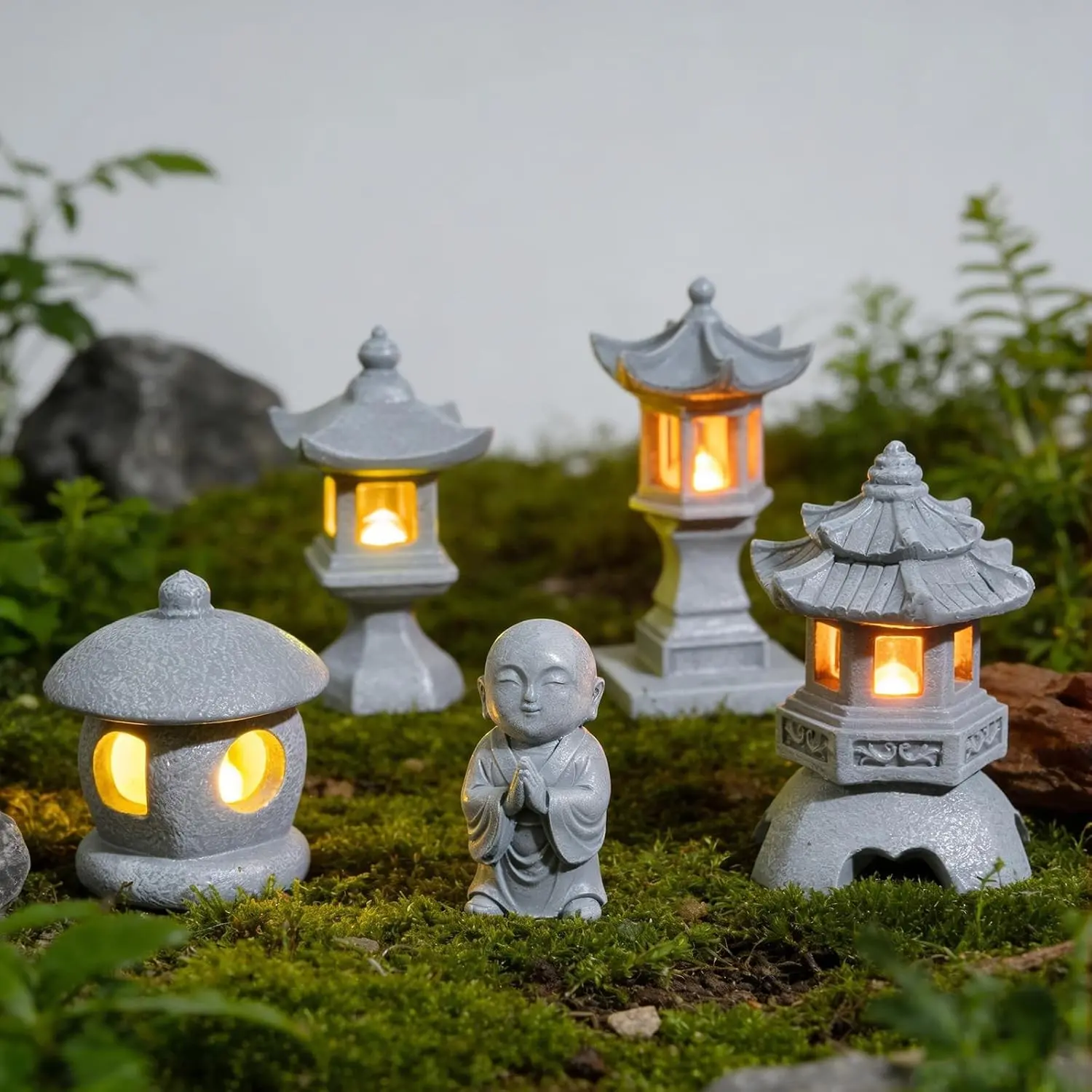 Mini Japanese Statues, Japanese Pagoda Figurines for Zen Garden | LED Pagoda Lanterns and Japanese Figurines Create Serene Japanese Decor for Zen Gardens, Bonsai, Aquariums Home Table Decor