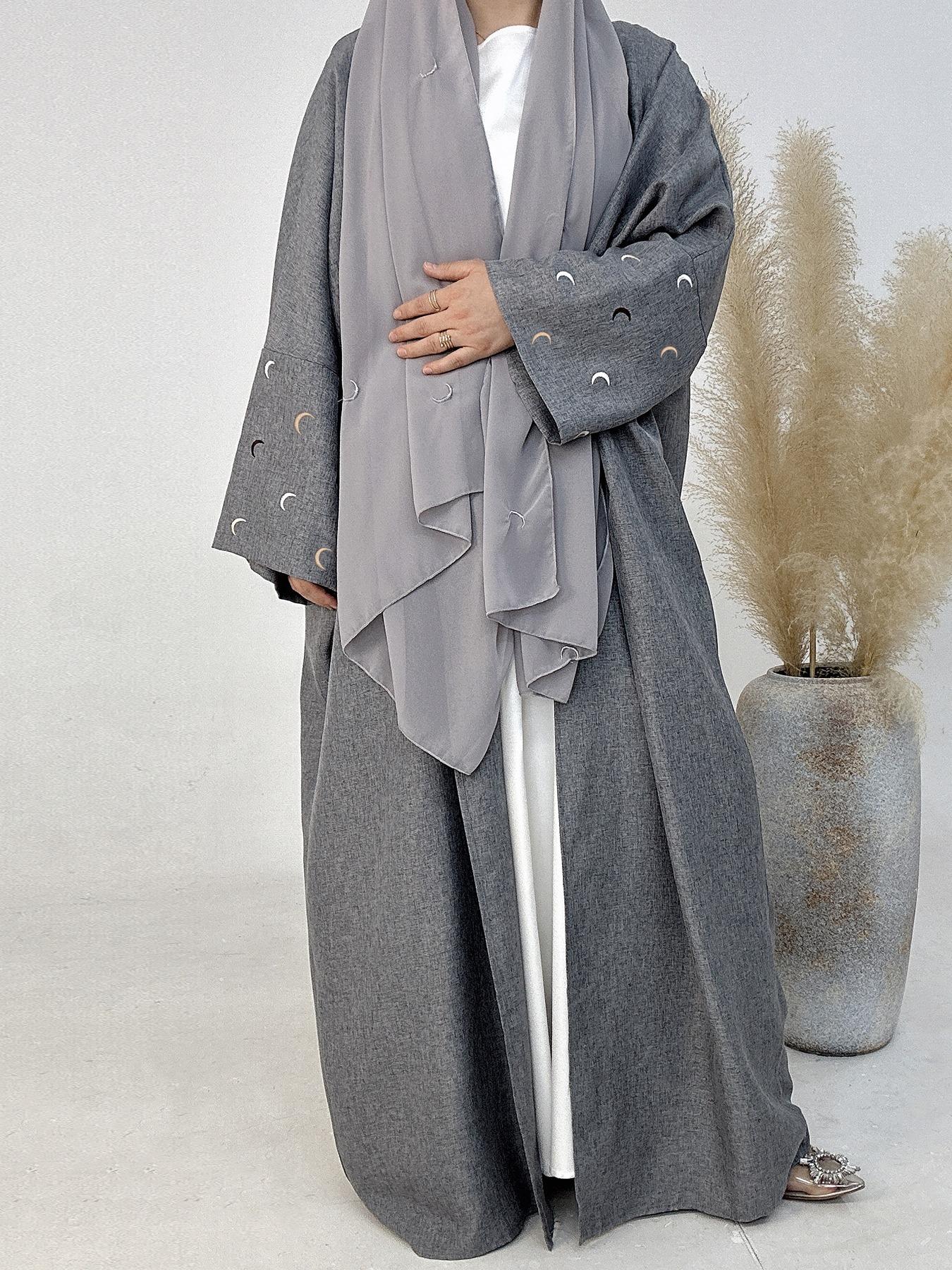 Arabic Clothing- Women's Moon Embroidery Abaya without Hijabs, Summer Outfits 2024, Modest Casual Long Sleeve Open Front Muslim Abaya, Islamic Clothing