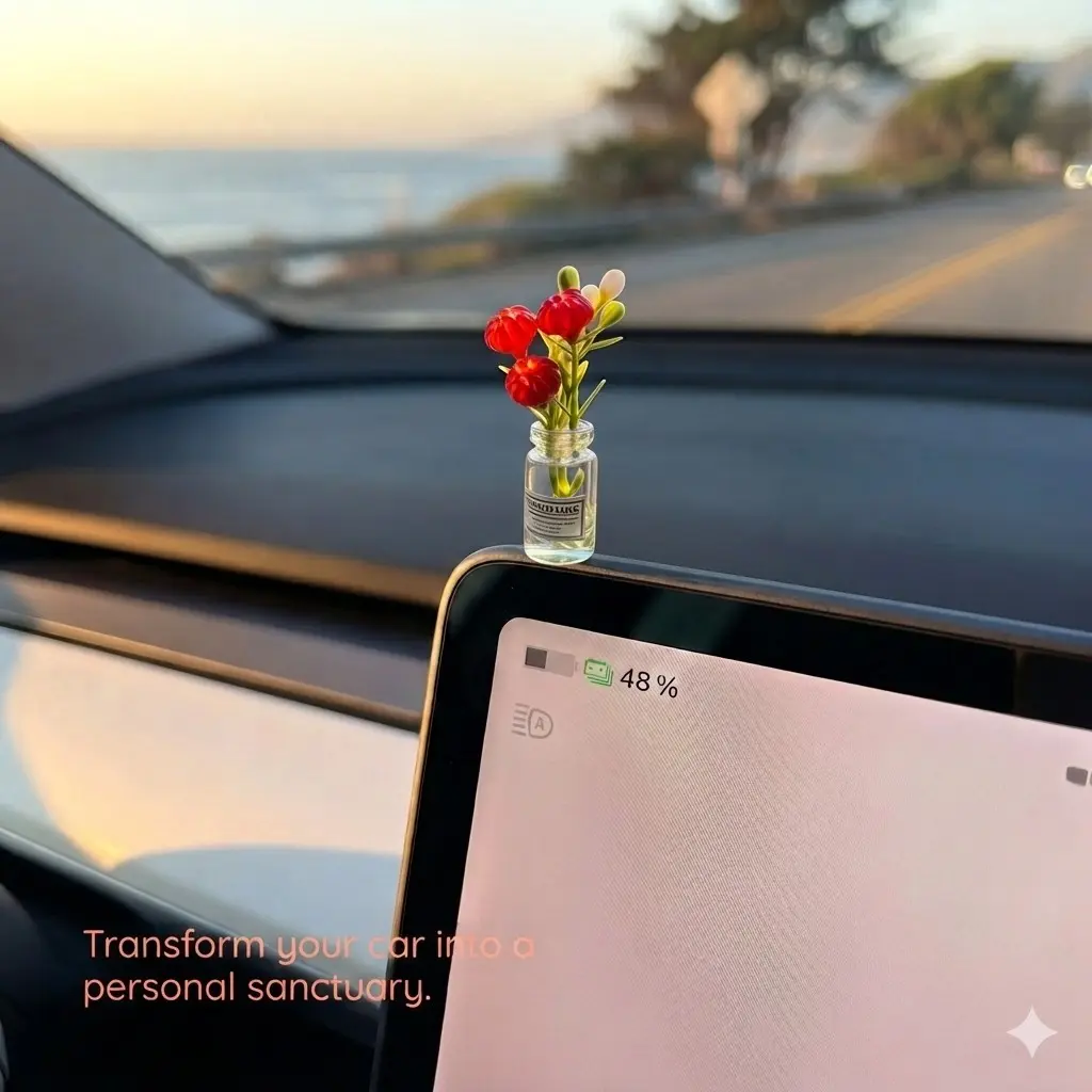 3pcs Elegant Mini Rose Car Dashboard Decor, Realistic Plastic Flowers with Leaves, Cute Female Car Accessories, Shiny Interior, Beautiful Craftsmanship, Car Dashboard Decoration, Car Decorations
