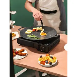 Round Maifan Stone BBQ Roasting Plate with Double Handles, Non-Stick Light Smoke Multifunctional Griddle Tray for Indoor Cooking Camping Party Use