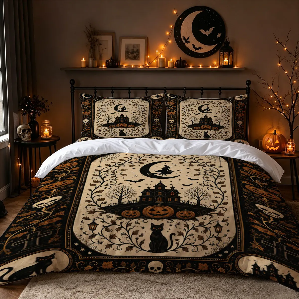3Pcs Vintage Witch Moon Haunted House Black Cat Pumpkin Print Duvet Cover Set, Victorian Gothic Halloween Bedding with 1 Duvet Cover and 2 Pillowcases, No Comforter, Dark Bedroom Decor for Adults, Apartments, Dorms and Guest Rooms