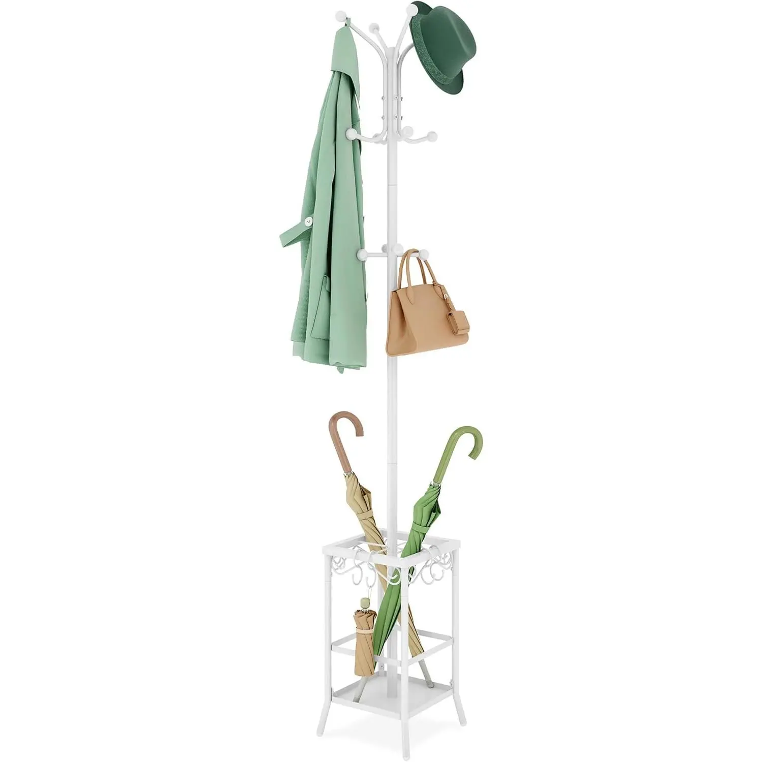 Coat Rack Freestanding, Coat Tree with Umbrella Holder, Metal Coat Rack Stand with 12 Hooks, Standing Coat Hanger Stand, Umbrella Stand for Entryway, Hat Rack Stand for  Office, White