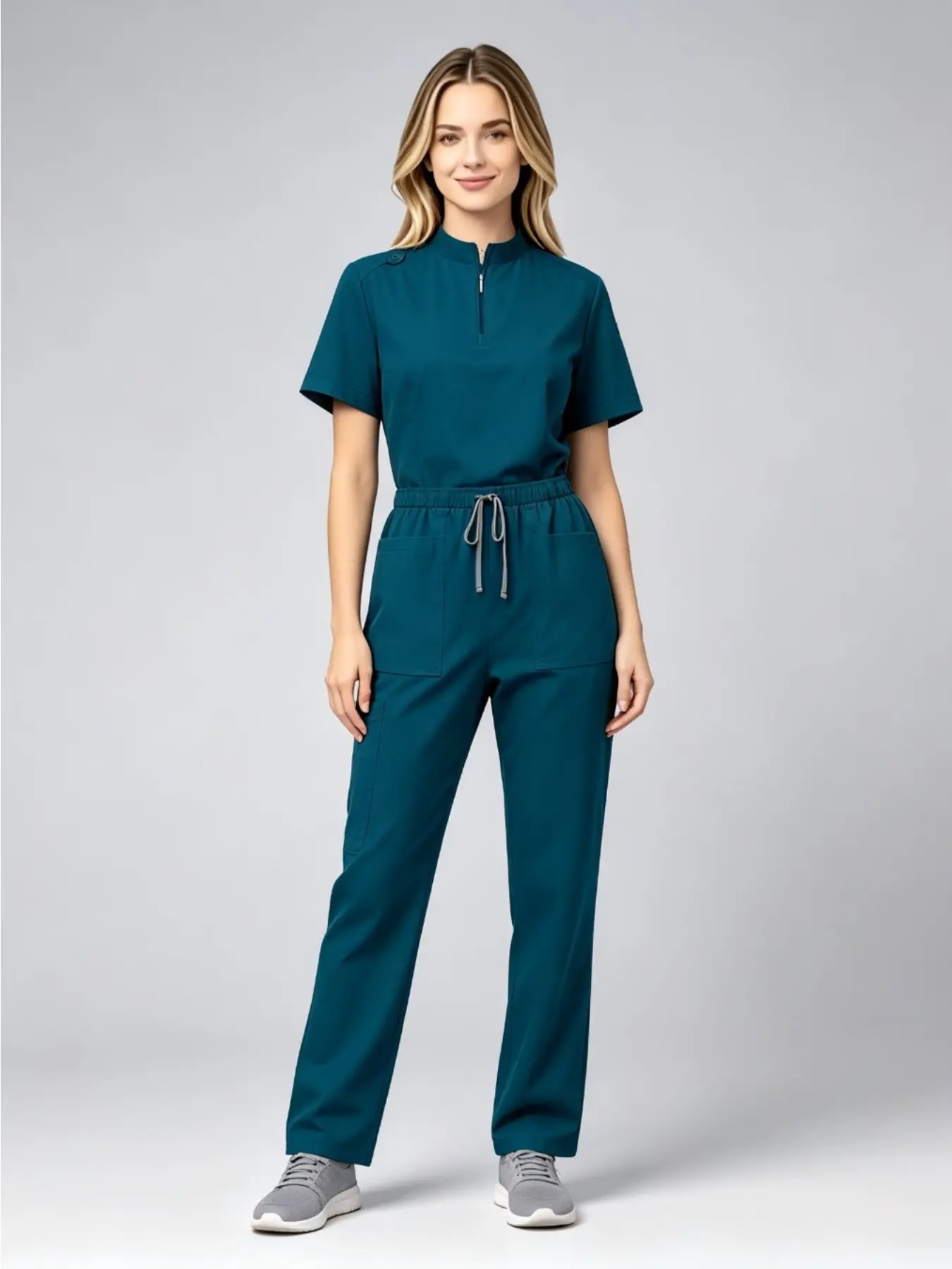 Womens Stand Collar Short Sleeve Straight Scrub Workwear Uniform Wear Outfit For Pet Grooming SPA Salon Service Staff