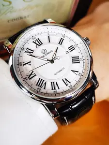 Roman Numerals Men's Automatic Mechanical Watch, Round Case Leather Strap, Calendar Three Hands, Business Casual, Gift Idea