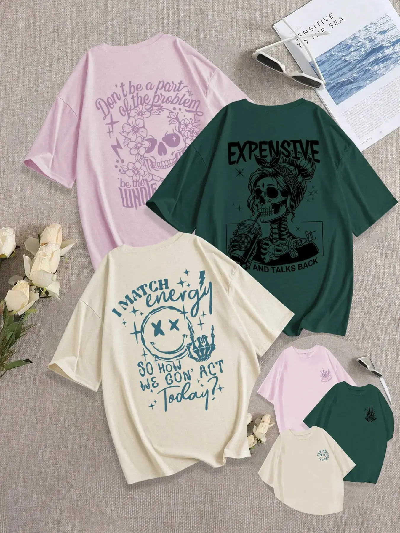 Breathable Casual Loose-Fit Round Neck Skull Girl Print T-Shirt Set, Summer Fashion Comfortable Versatile Top, Pack of 3