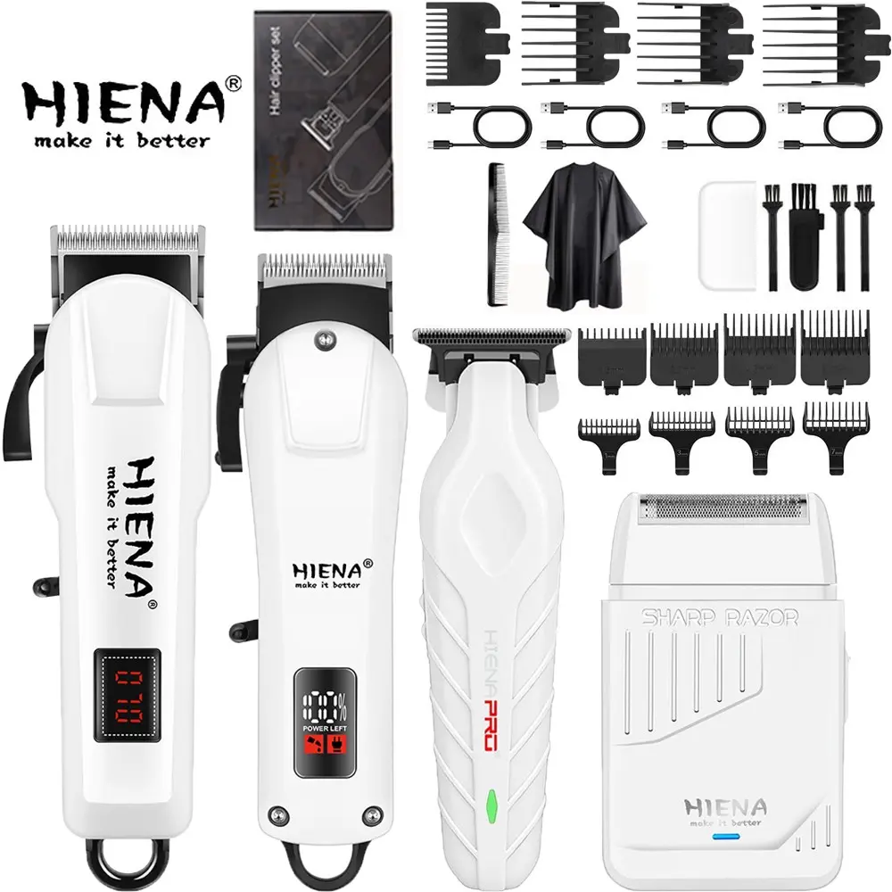 HIENA Men Professional Hair Clipper 4-in-1 Set, White LED Digital Display Hair Trimmer, Detail Trimmer & Beard Trimmer with Multiple Size Guide Combs, Home Salon Haircut Kit, Ideal Birthday Holiday Gift for Boyfriend
