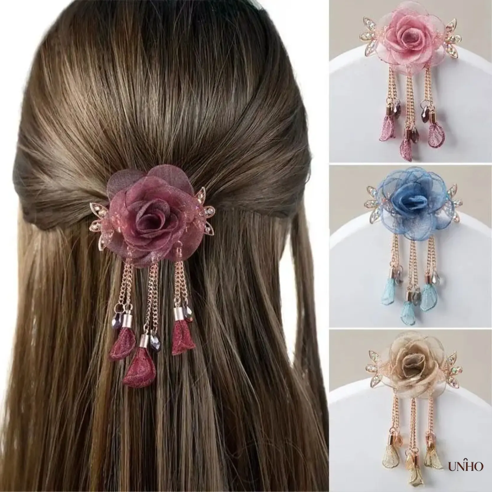 Elegant Mesh Rose Flower Large Hair Claw Clip With Chain Tassel Decor For Women & Girls, Versatile Floral Hair Accessory Fits Thick & Thin Hair, Chic Decorative Jaw Clip Ideal For Daily Commute, Dating, Birthday Parties, Wedding Hairstyling And All Kinds