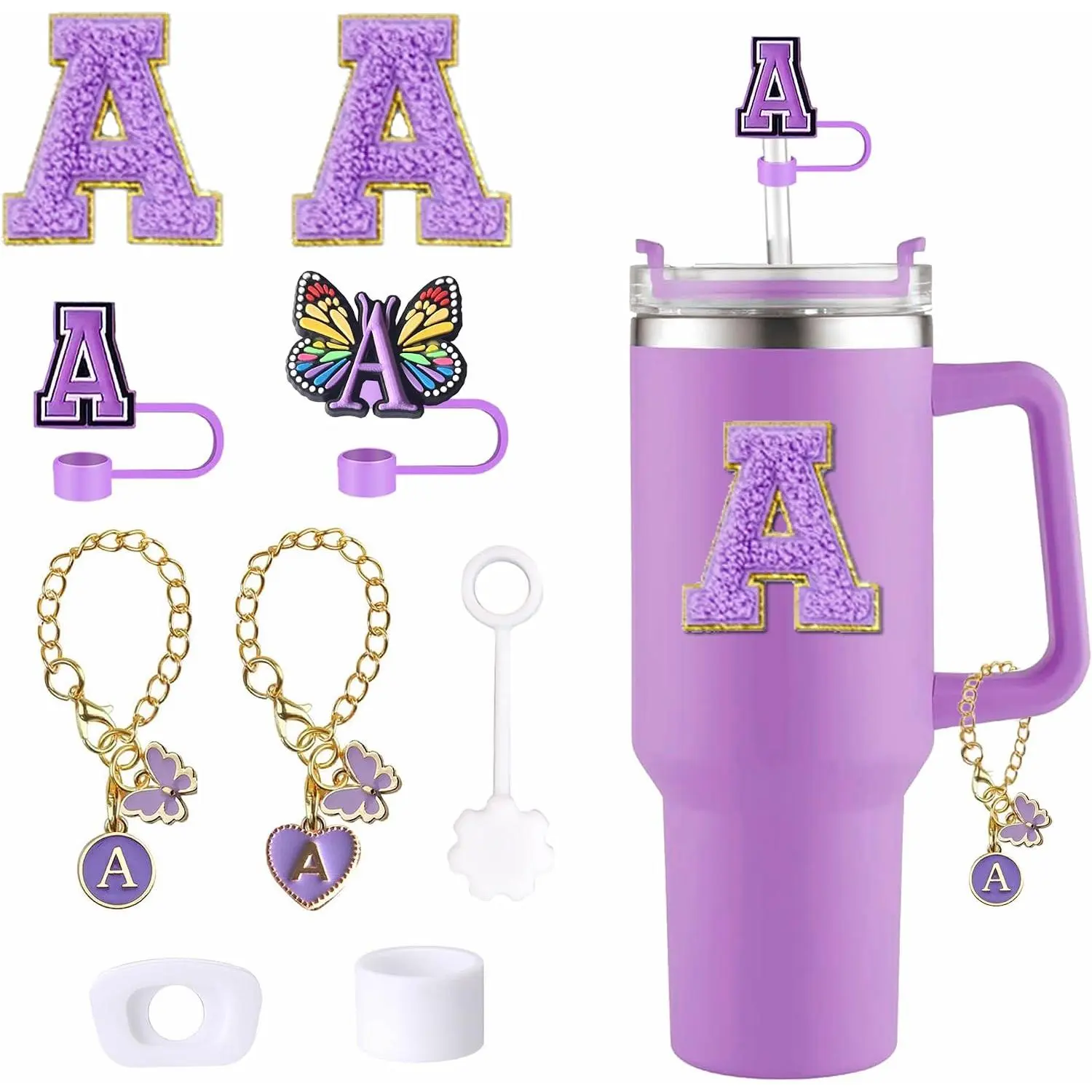 Butterfly Cup Accessories for  30oz 40oz, Letter Charm Set | Butterfly straw cover,  stoppers and stickers for for  30oz/40oz. Leak-proof cup decor.