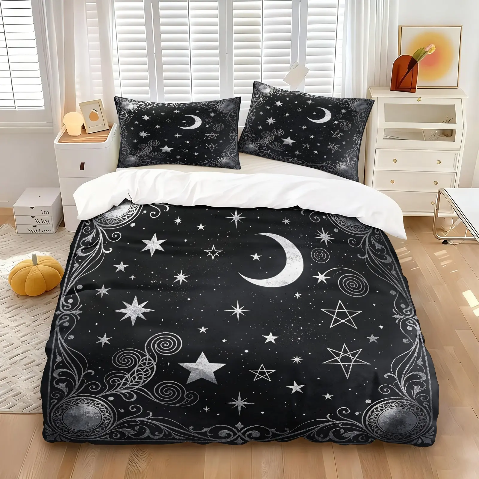 Silver White Five-Petal Star Magic Constellation Mandala Duvet Cover Set & 1-2 Coreless Pillowcases-Black Starry Sky Base with Pentagram Symbol and Spiral Scrolls-Soft Comfortable Bedding-Bed Covers-Dark Minimalist Bedroom Decor