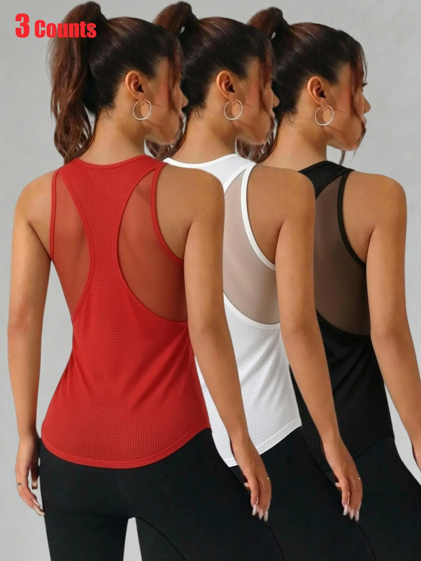 3 Pack Women Solid Mesh Panel Racerback Workout Tank Tops, Breathable Quick Dry Curved Hem Sleeveless Athletic Shirts for Yoga, Gym Training & Running