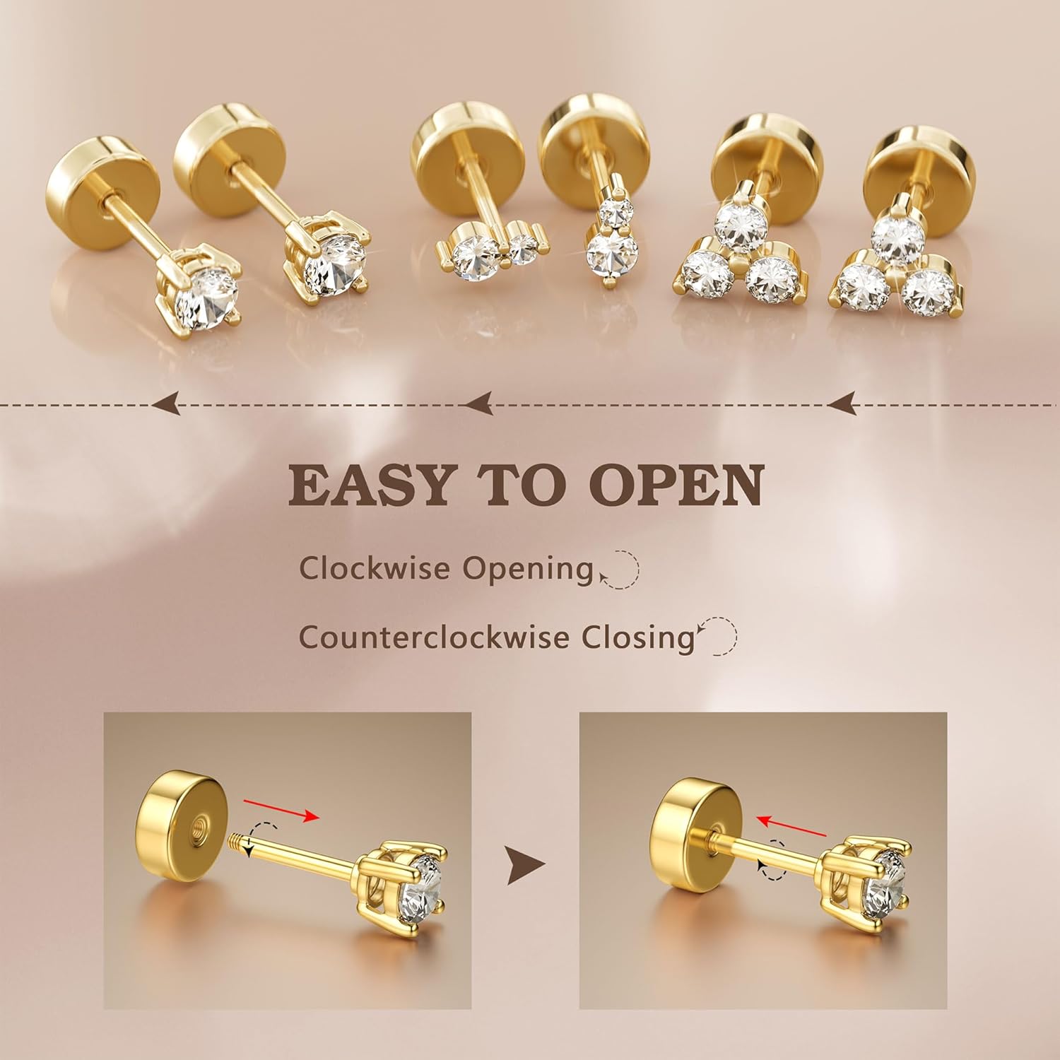 THE WELL KEPT 14K Gold Plated Solid 925 Sterling Silver Post Flat Back Earrings Stud|     Cartilage Helix Conch Tragus Piercing Jewelry 3 Pairs Tiny Screw Dainty CZ Opal Earring Set Men Women