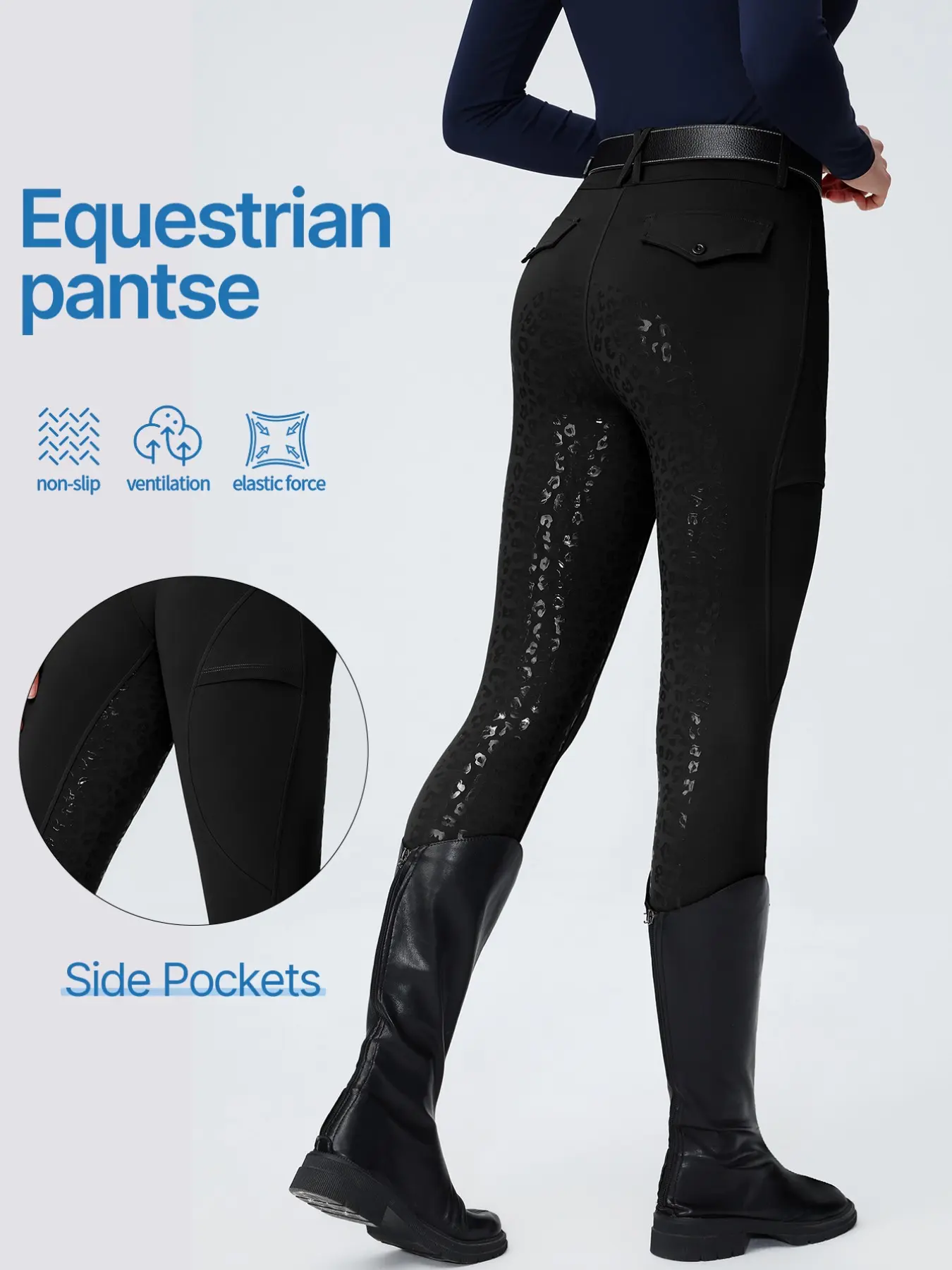 Women's Equestrian Sports Pants, Anti-Slip Silicone Grip, High Elasticity, Quick-Dry, Side Pockets, Professional Riding Gear, All Seasons