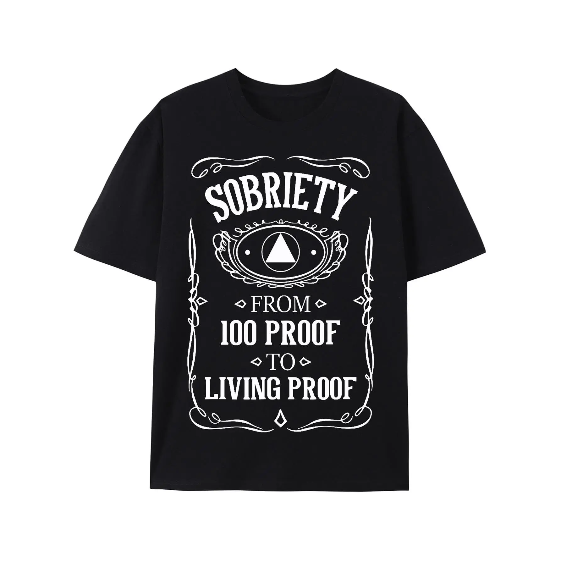 Living Proof Sobriety Anniversary AA NA Recovery T-Shirt - Black with White Sobriety Graphic Design, 100% Proof to Living Proof Arrow & Laurel Motif, Breathable Short Sleeve Casual Tee for Mens Summer Wear, Sober Celebration Shirt, Bold Text Design