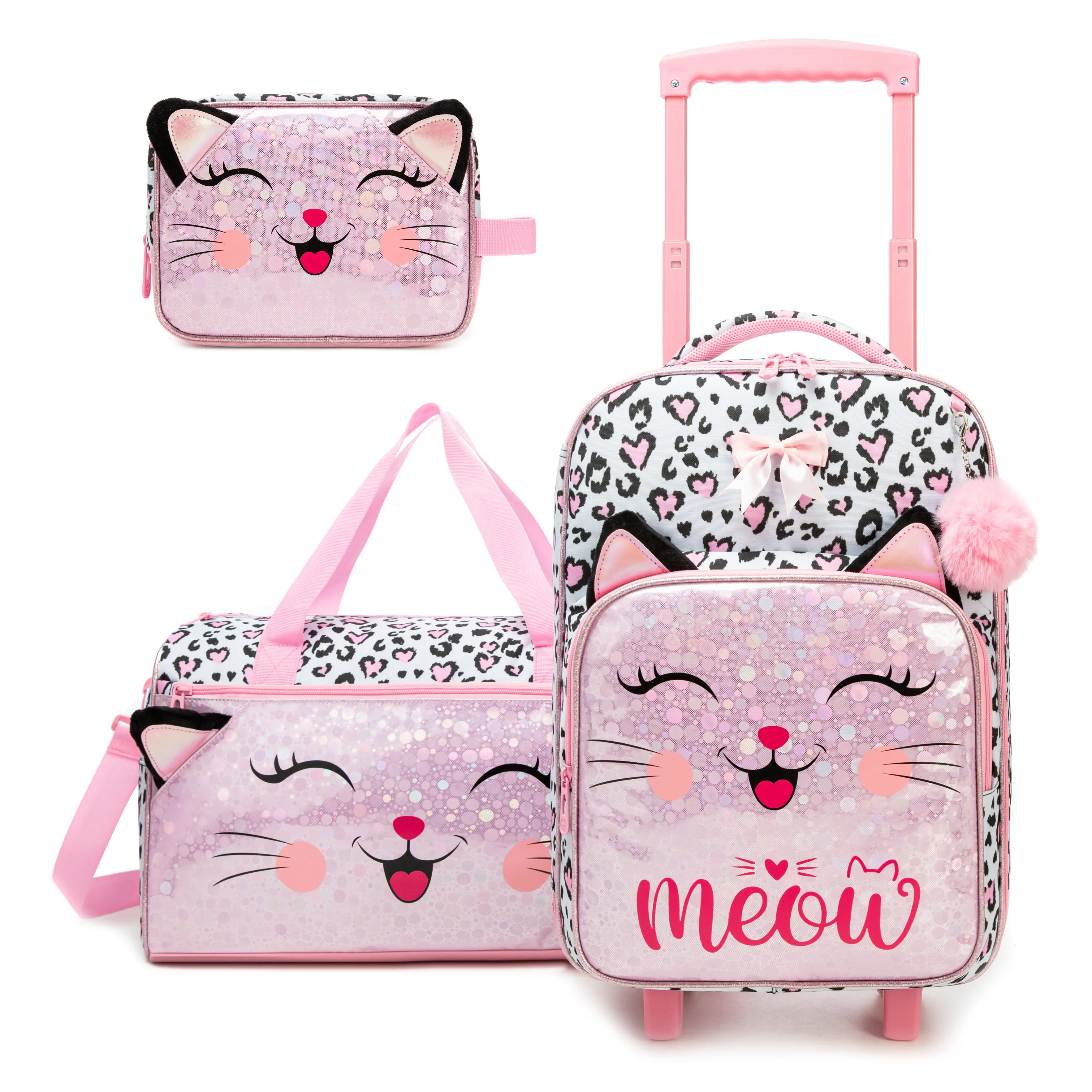 3 Piece Kids Luggage Set for Girls | Cute Pink Glitter Kitty Rolling Suitcase with Duffel Bag & Toiletry Case | Leopard Kitten Travel Gear 2026