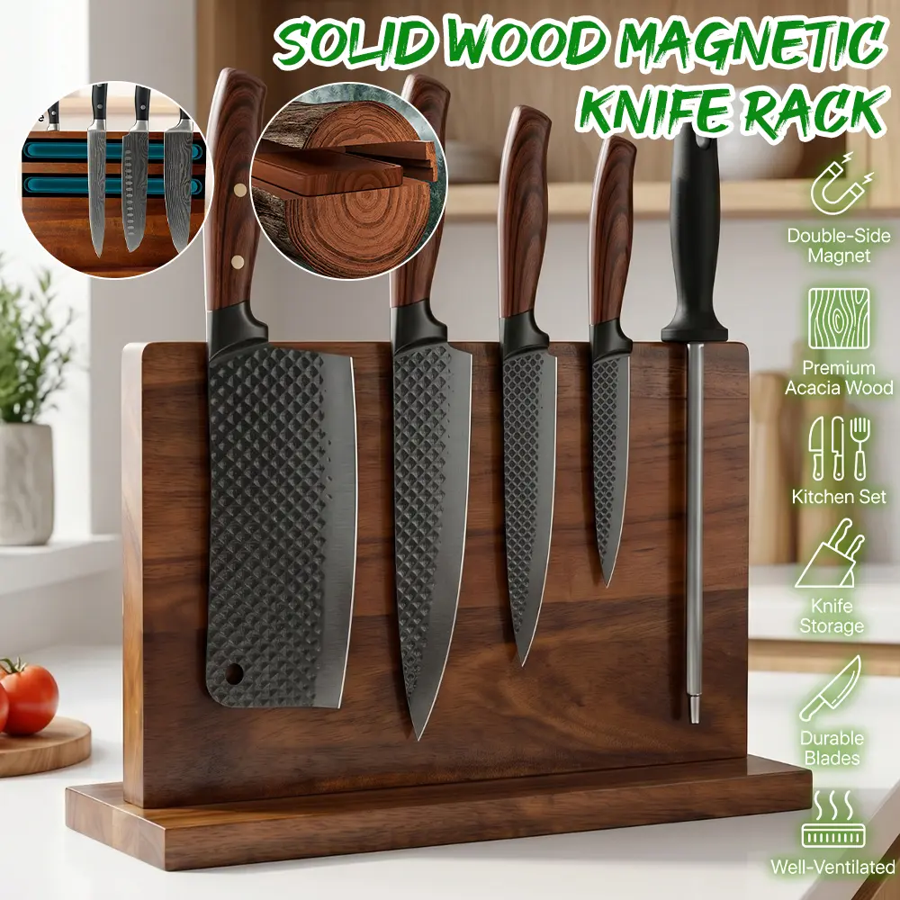 Magnetic Knife Block Double Sided Magnetic Knife Holder Rack with Strong Enhanced Magnets Acacia Wood Magnetic Knife Storage Stand