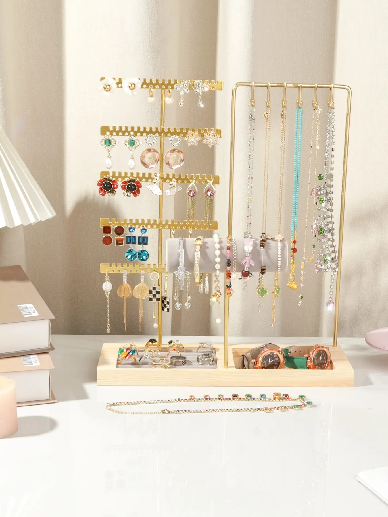 Multifunctional Wooden Jewelry Rack, Holds Earrings Necklaces Bracelets, Desktop Organizer, Elegant Luxury Style, Trendy Aesthetic