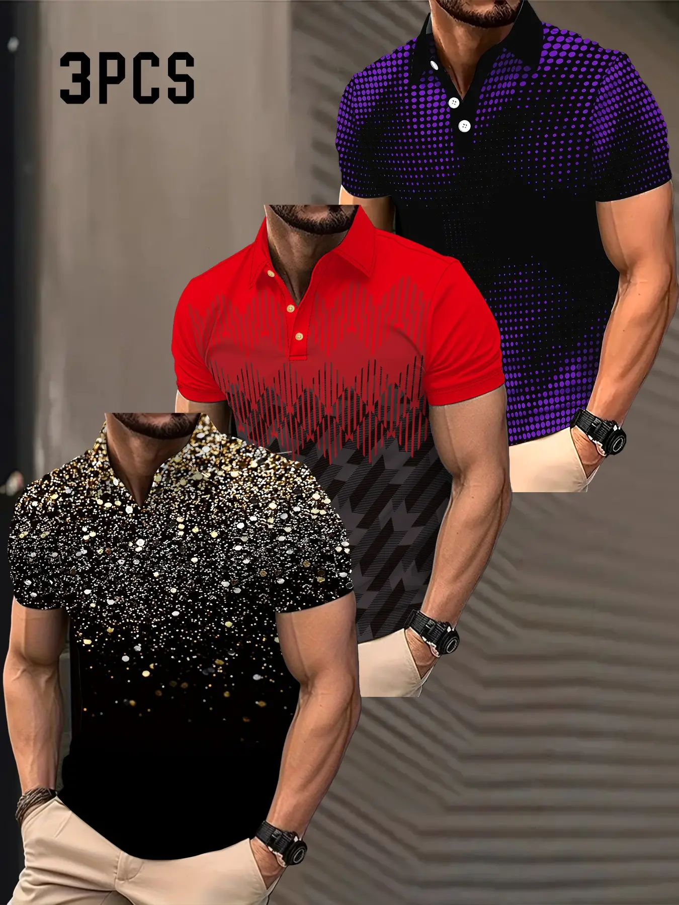 Men's Three-Piece Gradient Polka Dot Starlight Rhinestone Print Short Sleeve Polo Shirt, Trendy Breathable Party Casual Top