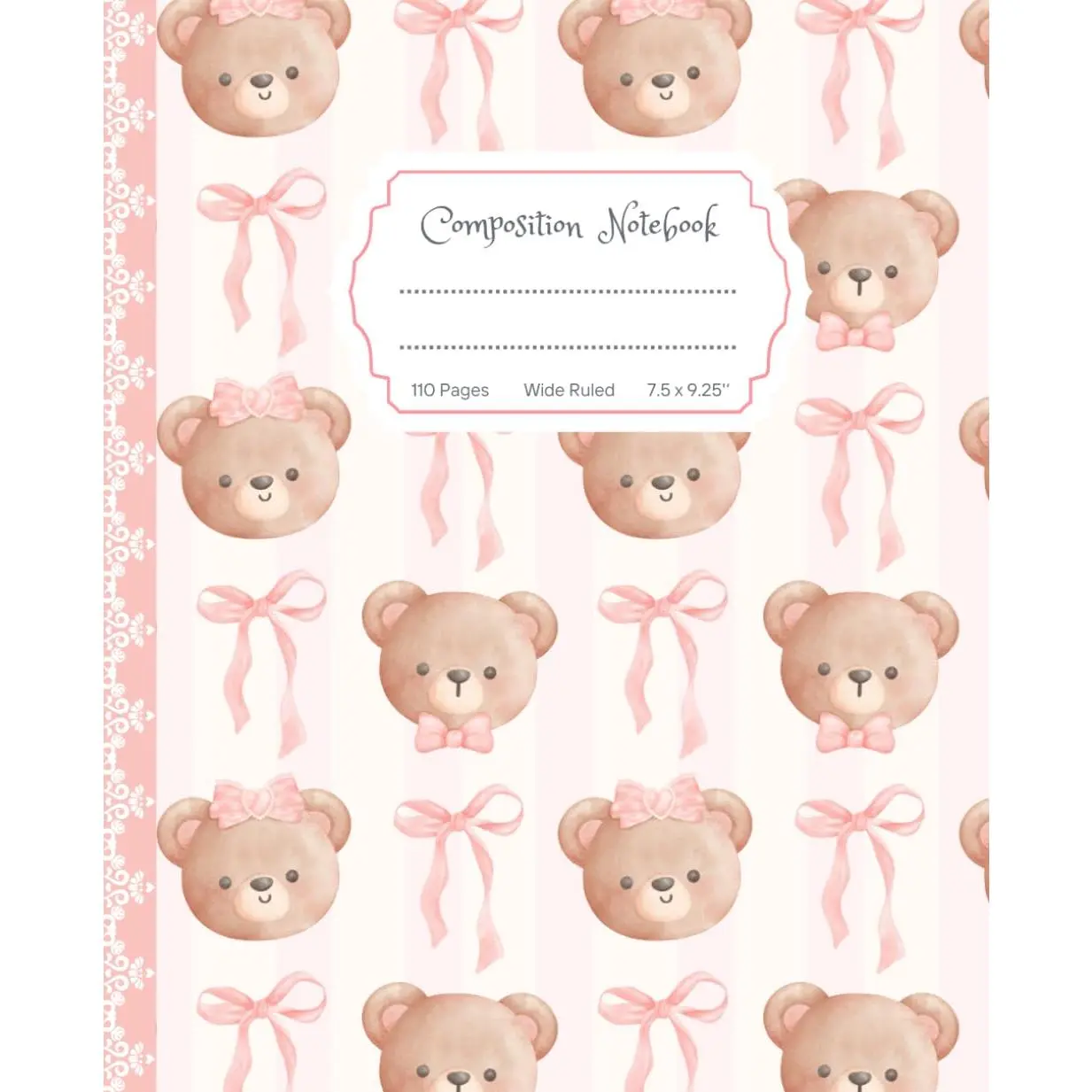 Super Cute Preppy Aesthetic Composition Notebook Pastel  & White  Bow & Teddy : Wide Ruled Journal for Girls, , Teens; Y2K Cool Girly School  - Paperback