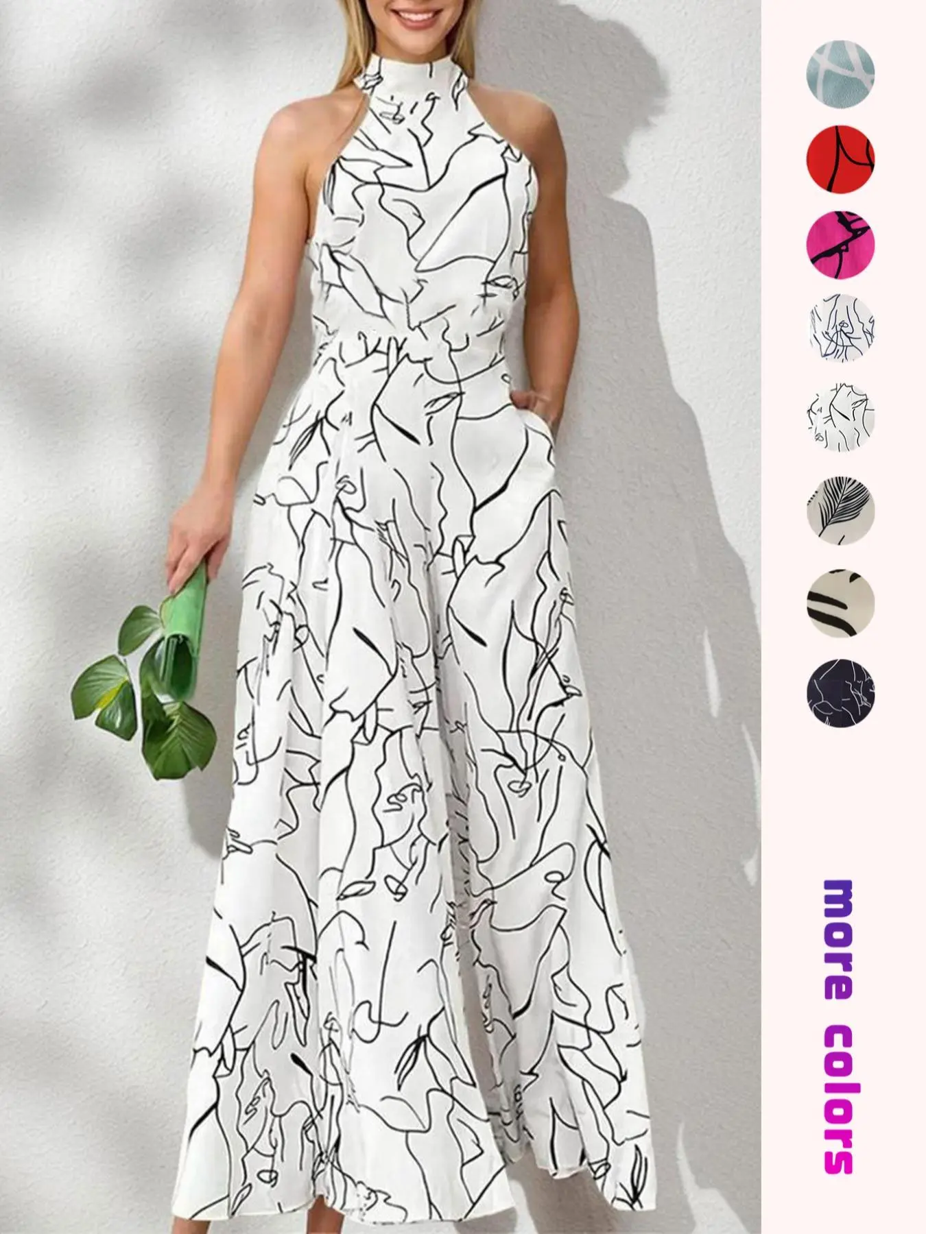 Women's All Over Print Pocket Tie Back Halter Neck Jumpsuit, Casual Sleeveless Wide Leg Fitted Jumpsuit For Summer, Ladies Elegant Fashion Clothes for Beach Holiday Vacation, Chic Casual Jumpsuit