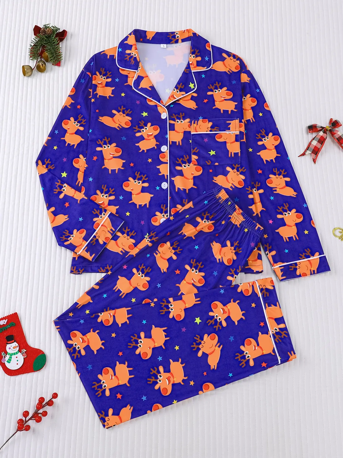 Women's 2-piece Christmas pajama set, blue base with cartoon reindeer & colorful star prints. Cute festive style with white contrast trim. Lapel long sleeve top with pocket, elastic waist long pants, soft loungewear for daily wear all year