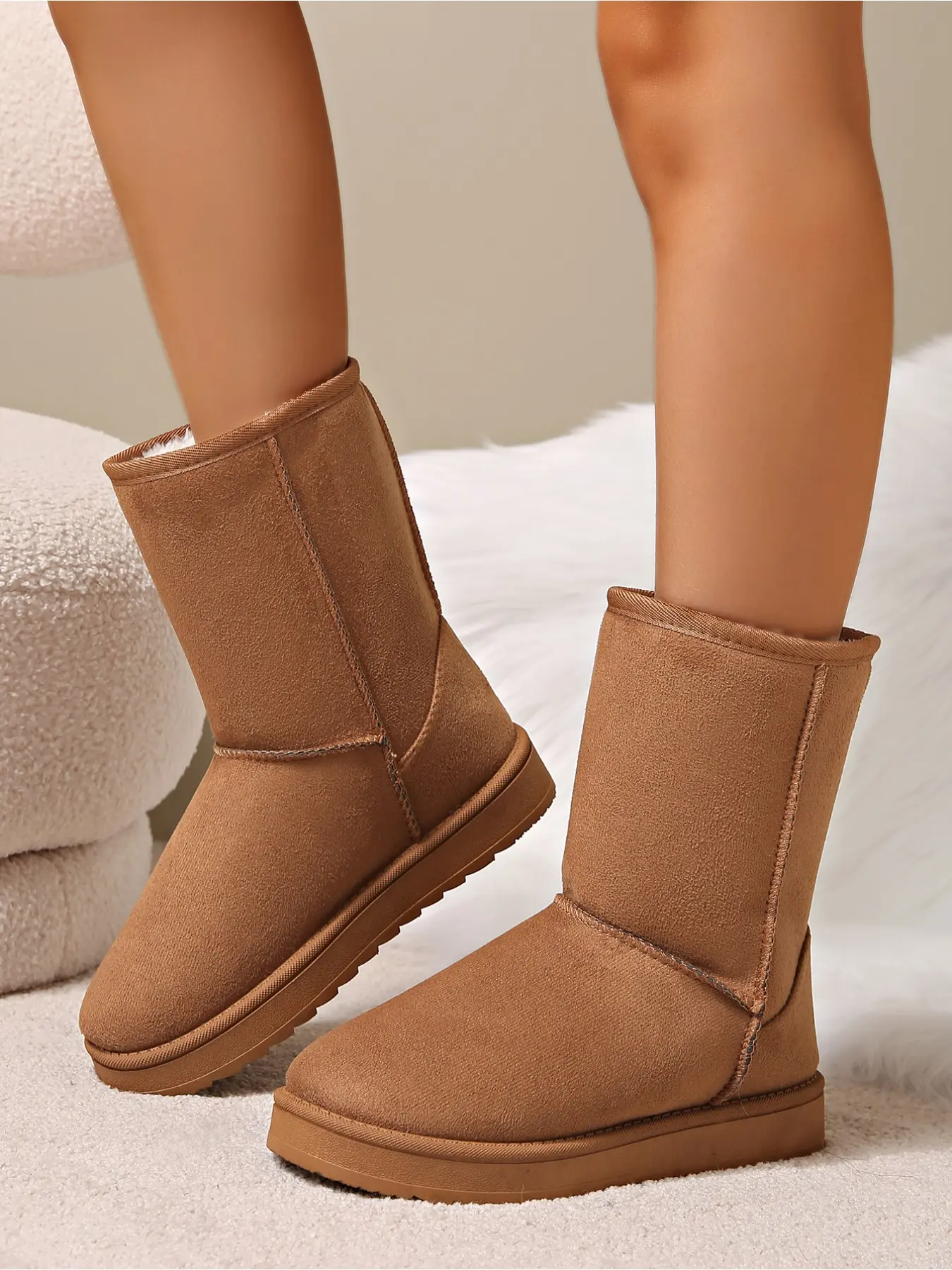 Women's Mid Calf Snow Boots, Winter Thick Fleece Lined Warm Non-Slip Flat Heel Boots Versatile Outdoor Cotton Boots