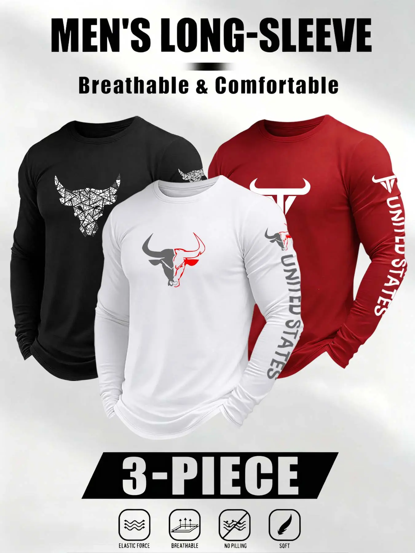 Men's Long Sleeve Round Neck Casual Letter Print T-Shirt, High-End Simple Bull Head Letter Pattern, Breathable Comfortable Daily Wear Set of Three