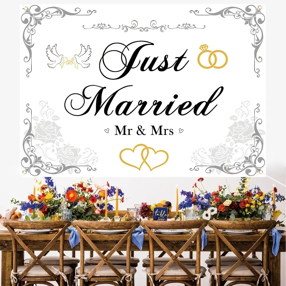 2D Flat Just Married Wedding Banner | Single-Sided Polyester | Metal Grommets for Easy Hanging | Elegant White Floral Wedding Backdrop for Ceremony, Reception, Bridal Shower, Photo Booth & Home Party Decor