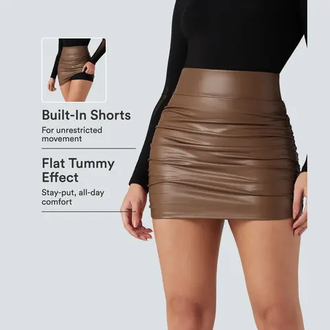 【Creator‘s Pick】High Waisted Tummy Control Ruched Curved Hem 2-in-1 Fleece PU Mini Bodycon Skirt