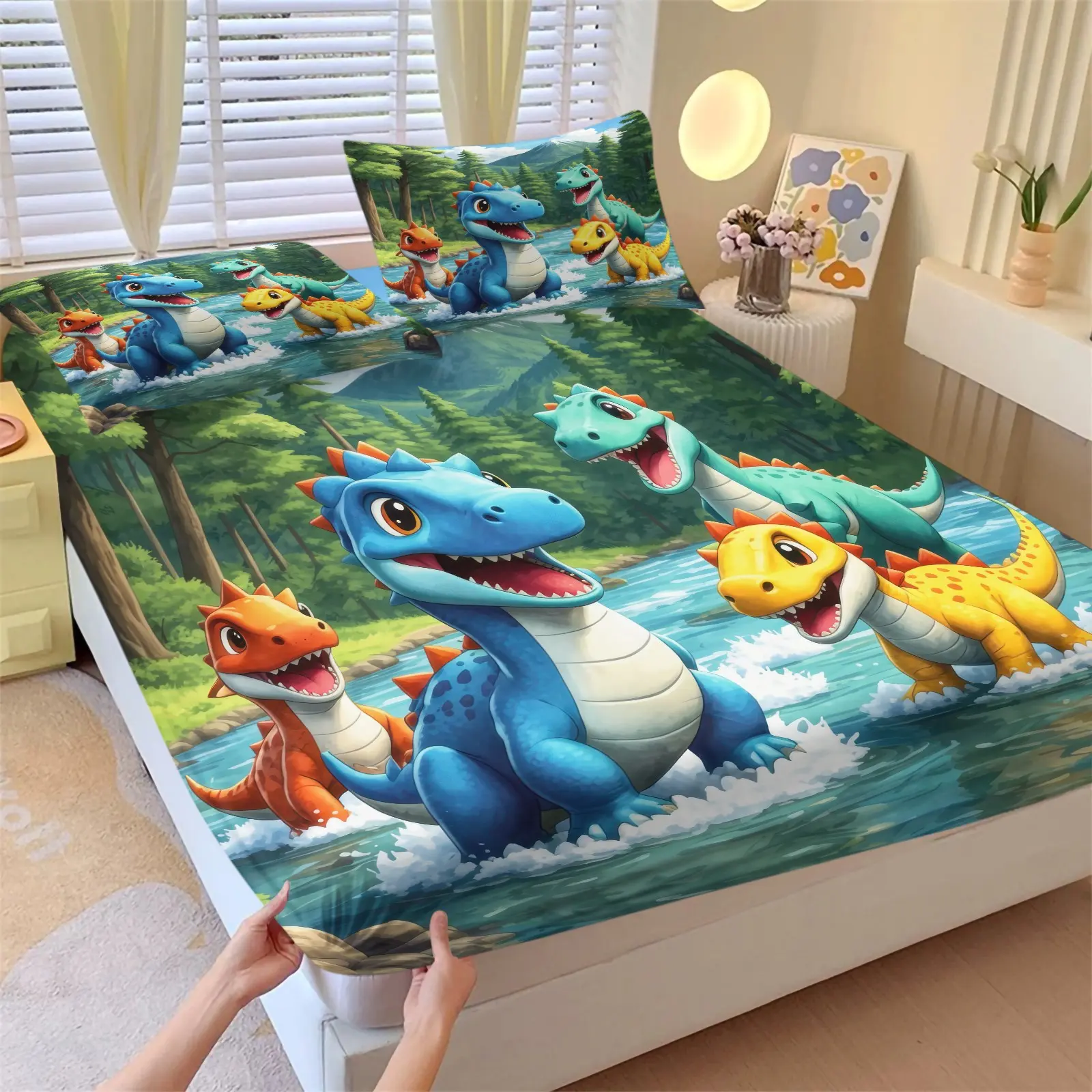 Cartoon Dinosaur 3PCS Fitted Sheet Set (1 Fitted Sheet + 2 Pillowcases), Soft Wrinkle Resistant Breathable Skin-Friendly Fabric, Deep Pocket Anti-Slip Full Wrap Design, Colorful Kids Dino Bedding For Boys Bedroom & Dorm