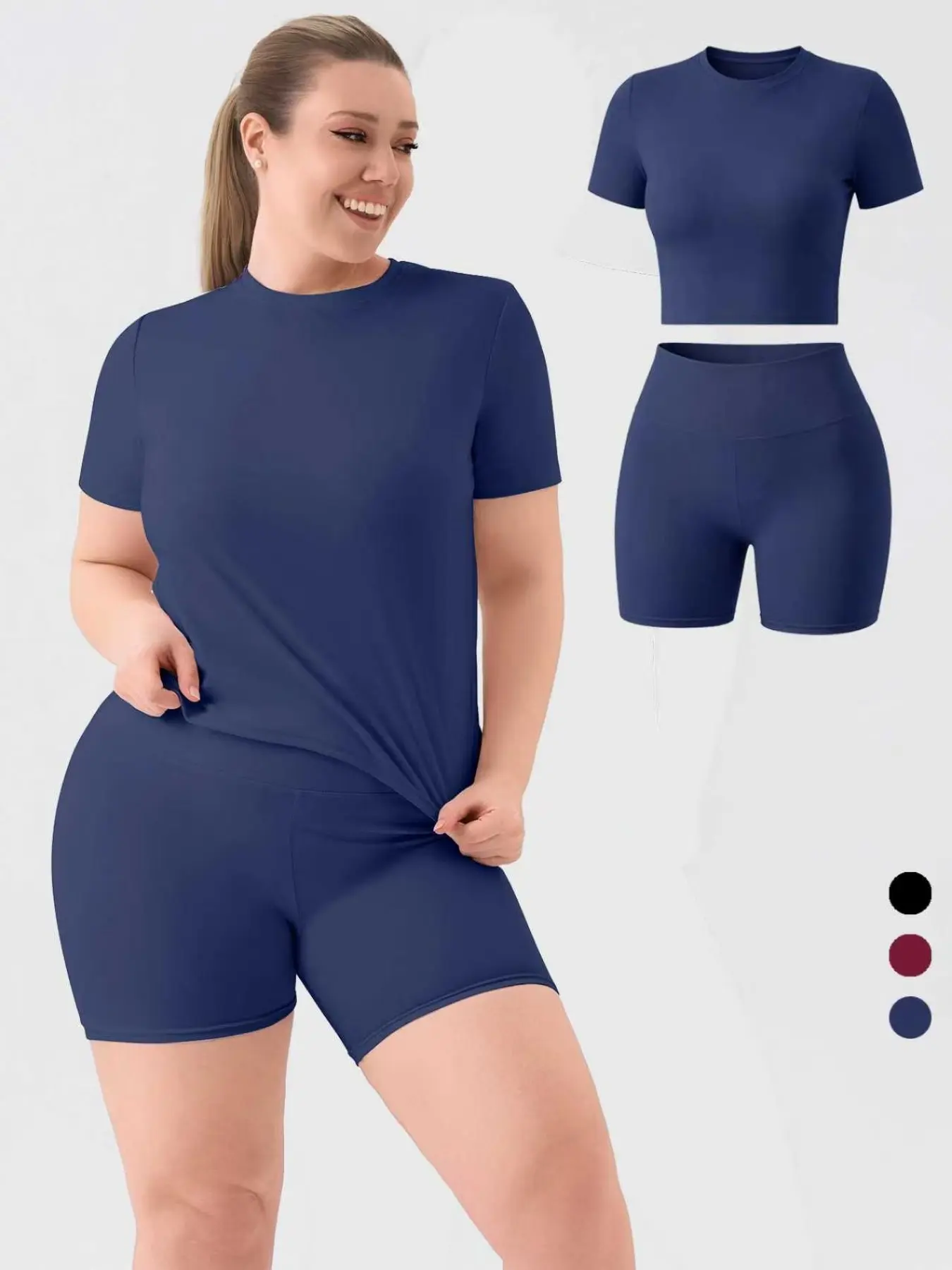 [Plus Size] Two-Piece Set Solid Sports Tee & High Waist Shorts Set, Casual Round Neck Short Sleeve T-Shirt & Skinny Shorts, Women's Sportswear Set for Indoor Outdoor Wear, Athleisure Wear Set, Solid Sports Sets