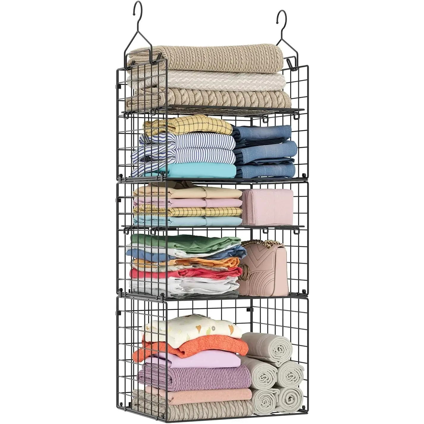 Closet Hanging Organizer Shelves - 5 Tier Wardrobe Organizers and Storage Bin, Hanging Organizer Shelves, Clothes Shelf with Adjustable Dividers for Bedroom Closet Sweater Shoes Handbag