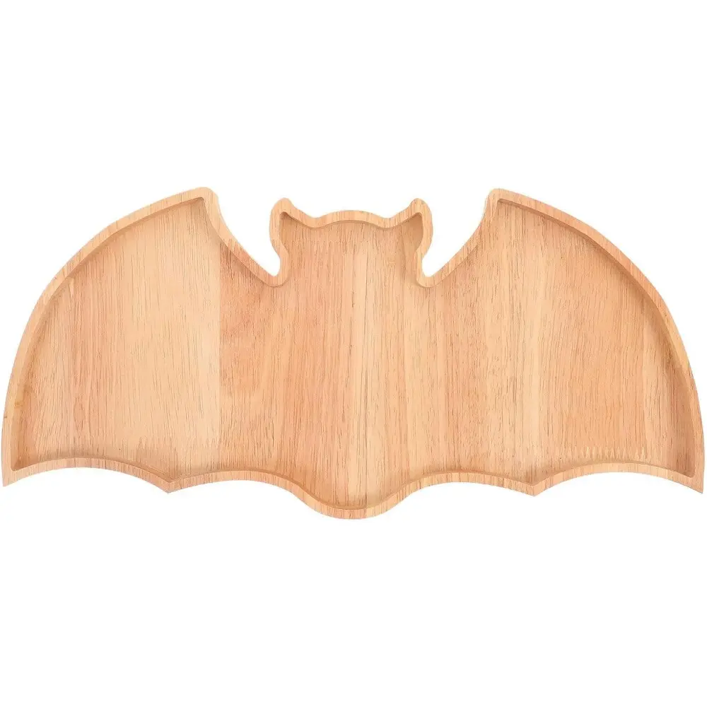Tired of boring plain platters ruining your Halloween party vibe? Bat-shaped solid wood Halloween cutting board, multi-functional Wooden charcuterie tray for fruits and sushi, unique spooky table decor perfect for all Halloween gatherings.