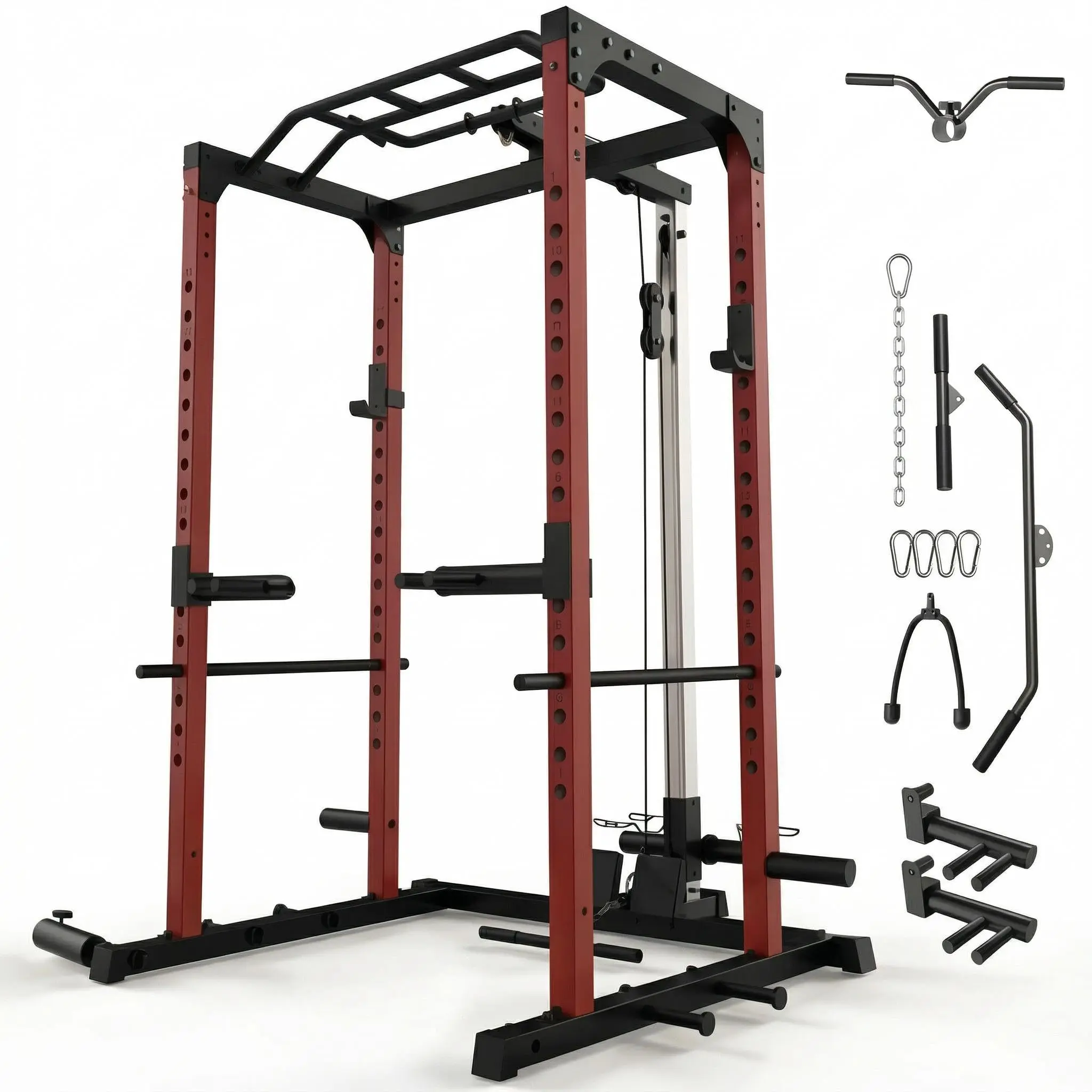 Heavy Duty Power Cage with Lat Pulldown System, 1200 lbs Capacity Squat Rack for Home Gym, Low Row, Dip Handles, J-Hooks & Landmine Attachment