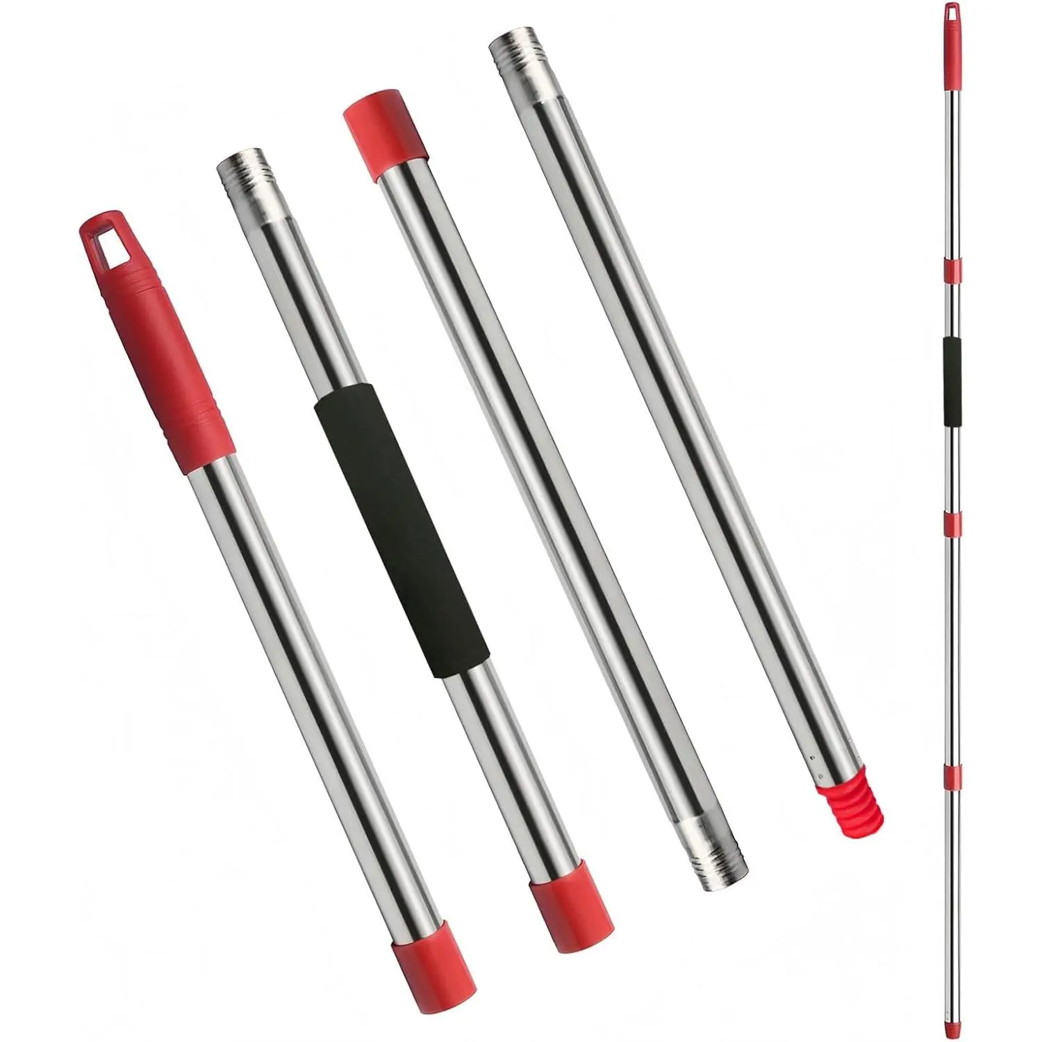Mop Handle Replacement - 4-Section Adjustable from 30" to 58" - Durable Stainless Steel Mop Pole with American Thread Joint for Spin Mops & Brooms (Red)