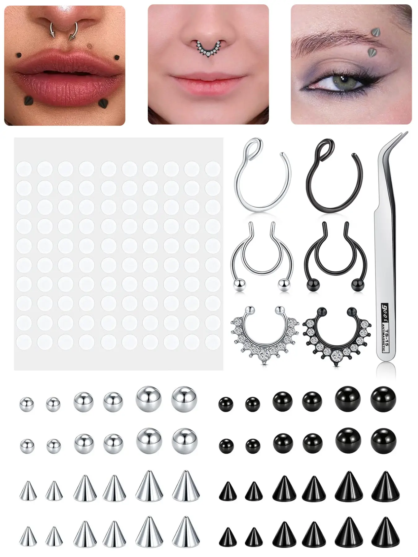 56-Piece Body Jewelry Set, Fake Nose Rings, Eyebrow Rings, Lip Pins, Nose Clips, No Piercing Needed, Includes Replacement Beads and Stickers