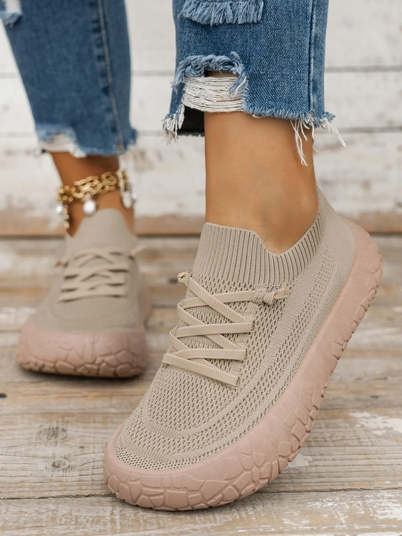 Women's Breathable Flyknit Casual Dad Shoes, Casual Trainer Footwear, Round Toe Flatform Sneakers, Wide Fit PVC Sole, All-Season Comfort for Daily Wear