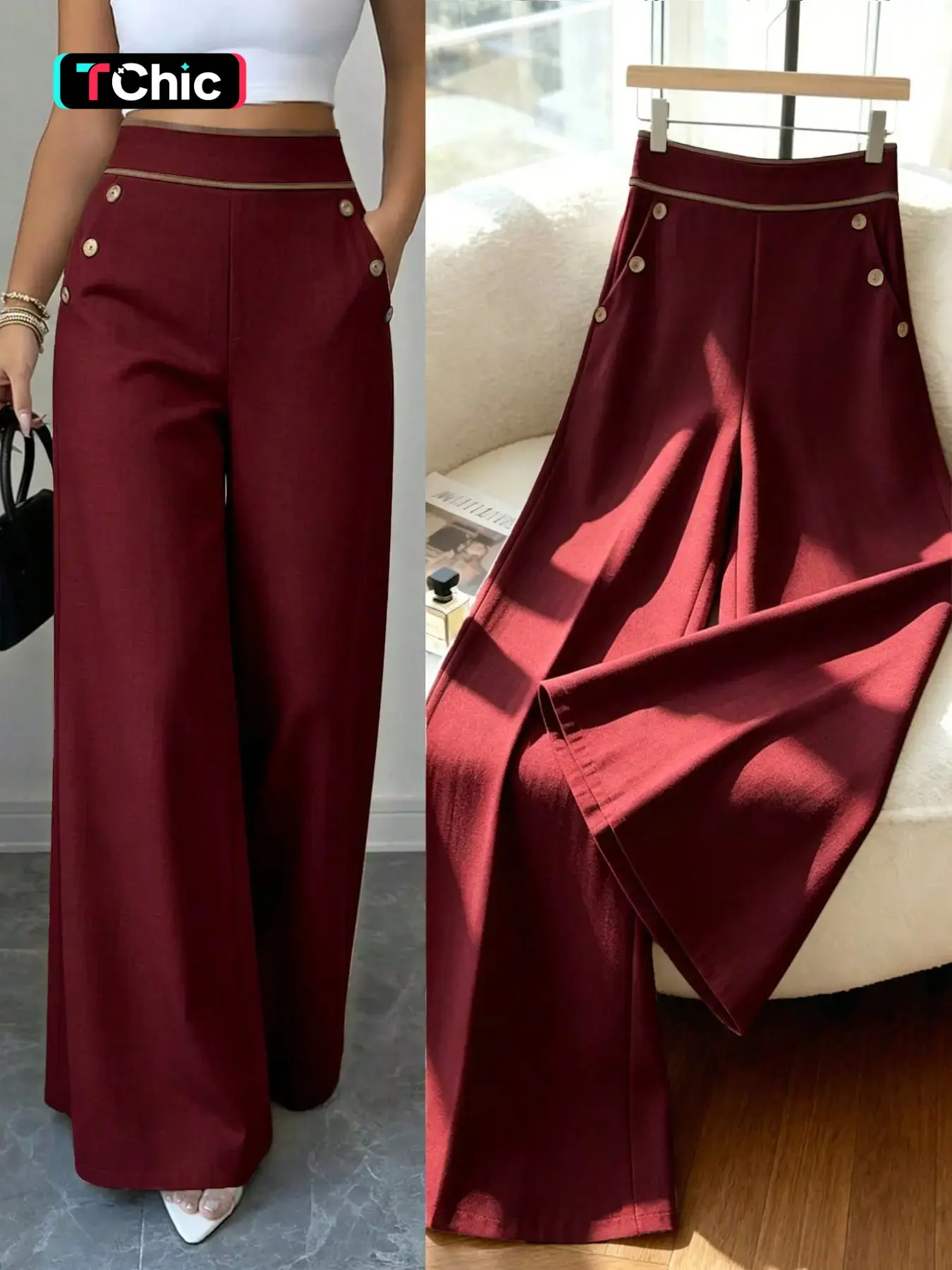 High-Waisted Colorblock Wide Leg Suit Pants, European Style Office Wear, Loose Fit Straight Leg, Women's Business Casual Long Pants, Bottoms