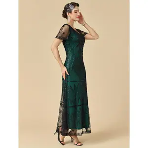 1920 Vintage Sparkling Sequin Fringe Party Dress - Short Sleeve High Neck Themed Costume Suitable for 1920' Themed Parties, Proms, Dance Events - - Wear