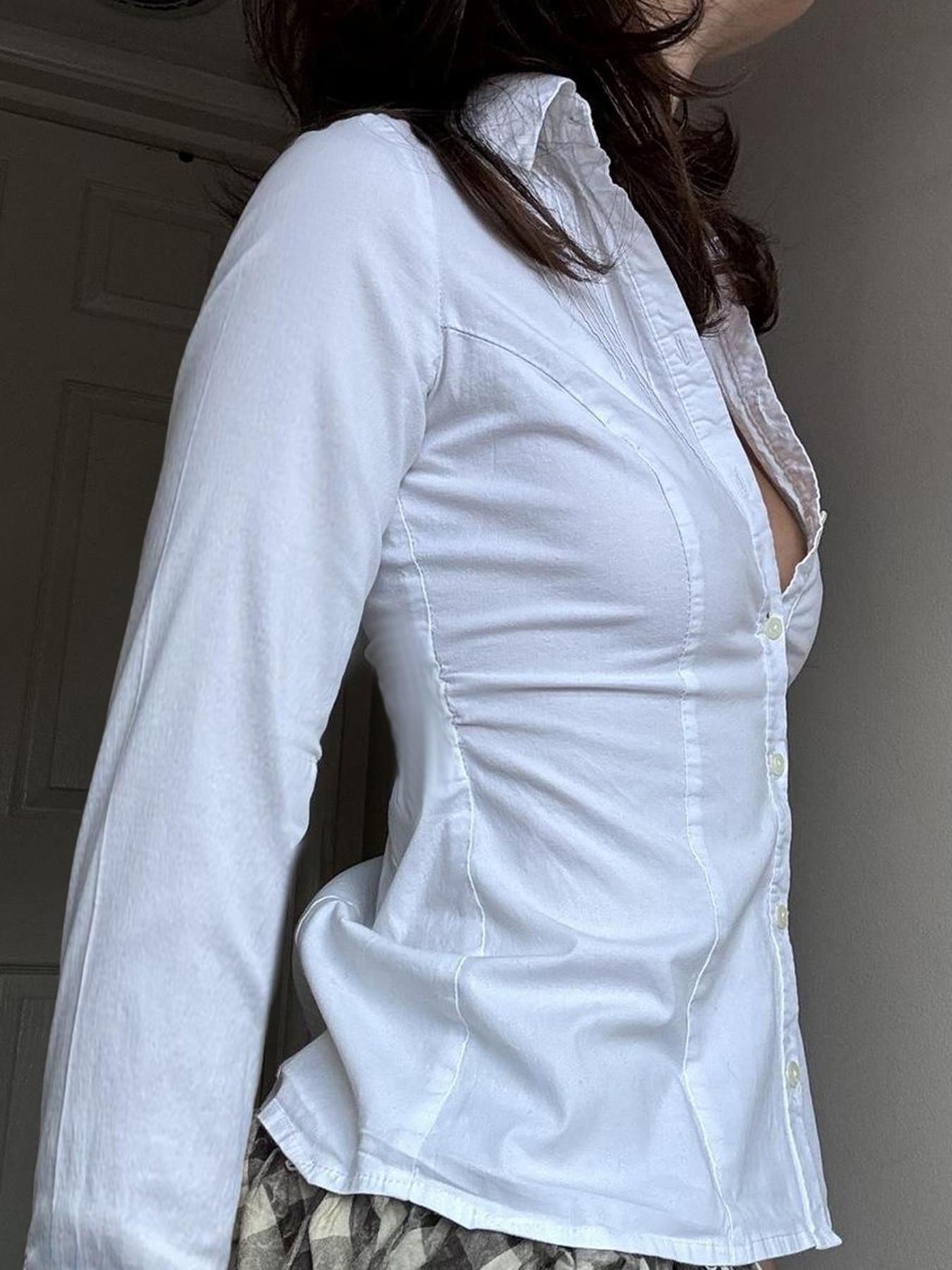 Women's Plain Ruched Button Front Shirt, Casual Elegant Long Sleeve Collared Top for Daily Wear, Ladies Clothes for All Seasons