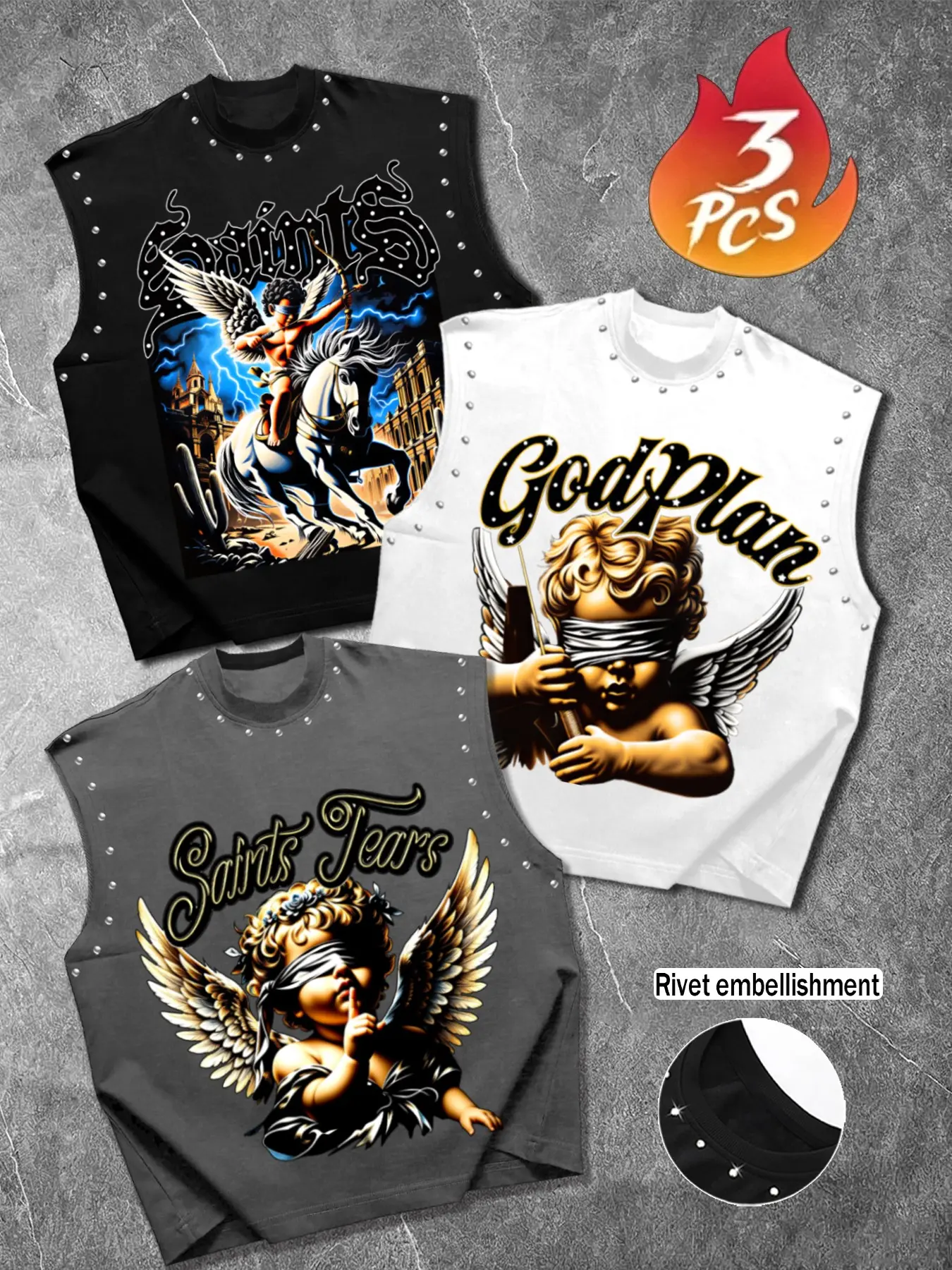Men's Casual 3-Piece Tank Top Pack Set, Vintage Angel Aesthetic Graphic Patterns, Comfortable Fit, Versatile Style, Ideal for Daily Wear