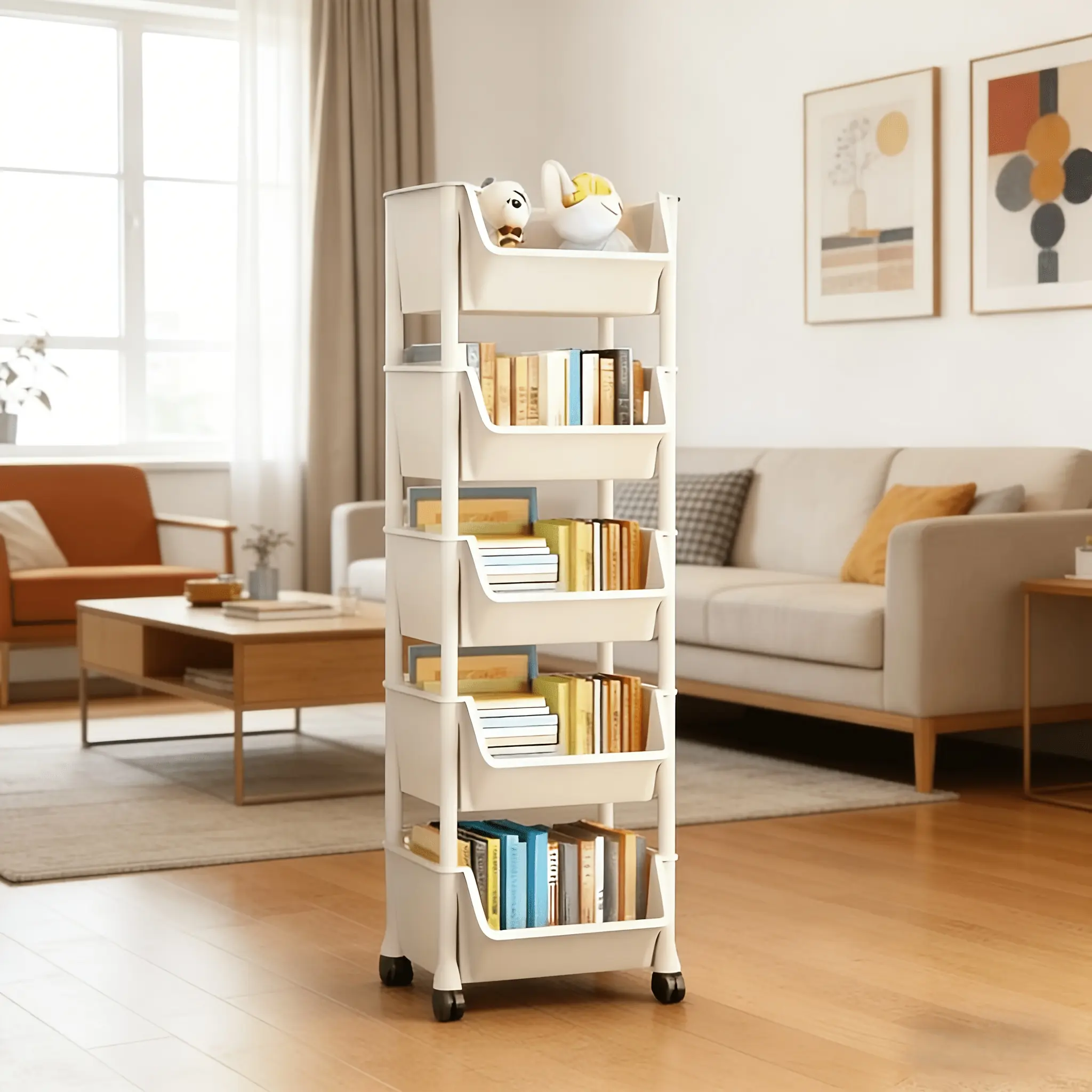 4|5-tier multi-functional bookshelves, floor-standing storage units, movable snack and grocery carts, multi-level storage shelves in the living room and kitchen