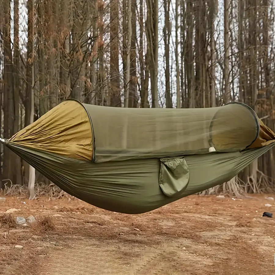 Automatic quick-opening hammock with mosquito net Outdoor single and double nylon cloth camping pole mosquito net hammock Mosquito-proof hammock, load-bearing 300kg
