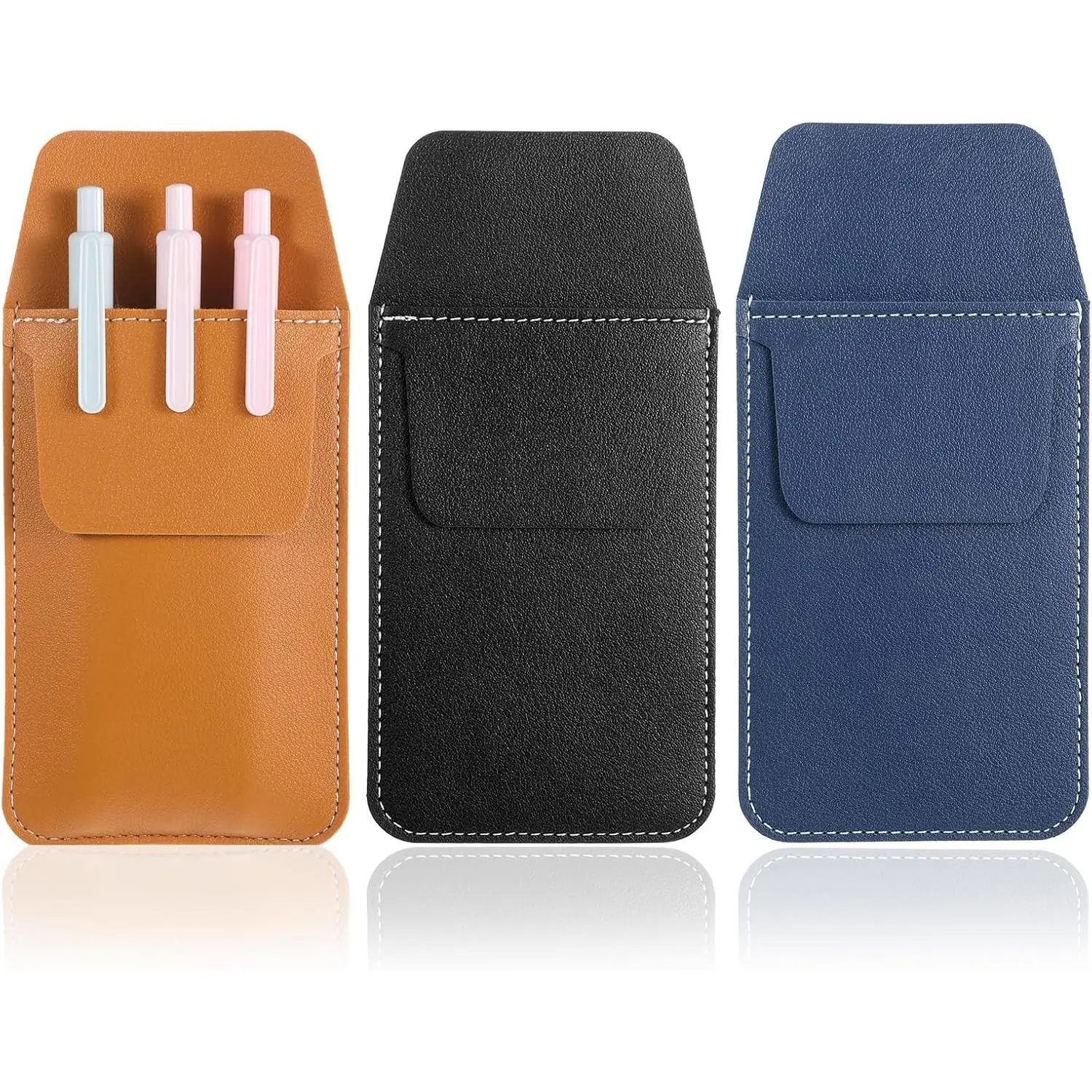 3 PCS Leather Pocket Protector, PU Leather Pocket Pen Holder Organizer Pouch, MultiPurpose Pen Pocket-Protector, Pens Sleeve for Shirts, Coats, Pants (3 Colors, 6.3x3.2 Inch)