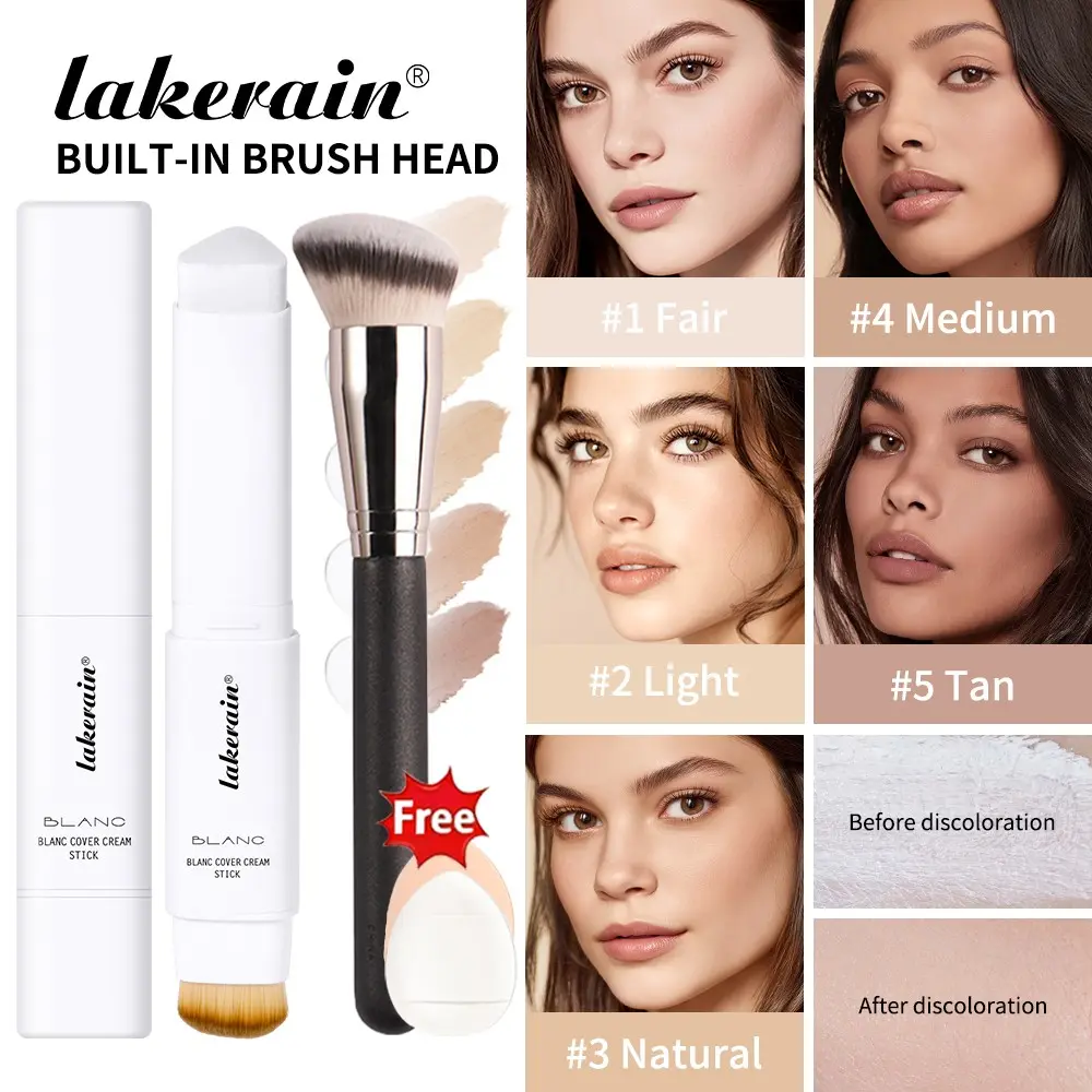 3pcs Foundation Kit-Including 2-in-1 Double Head Color-Changing Foundation Stick with Foundation Brush and Thumb Sponge, Medium to Full Coverage Matte Finish, Smooth & Easy Glide, Women's Triangular Second-Skin Foundation Stick