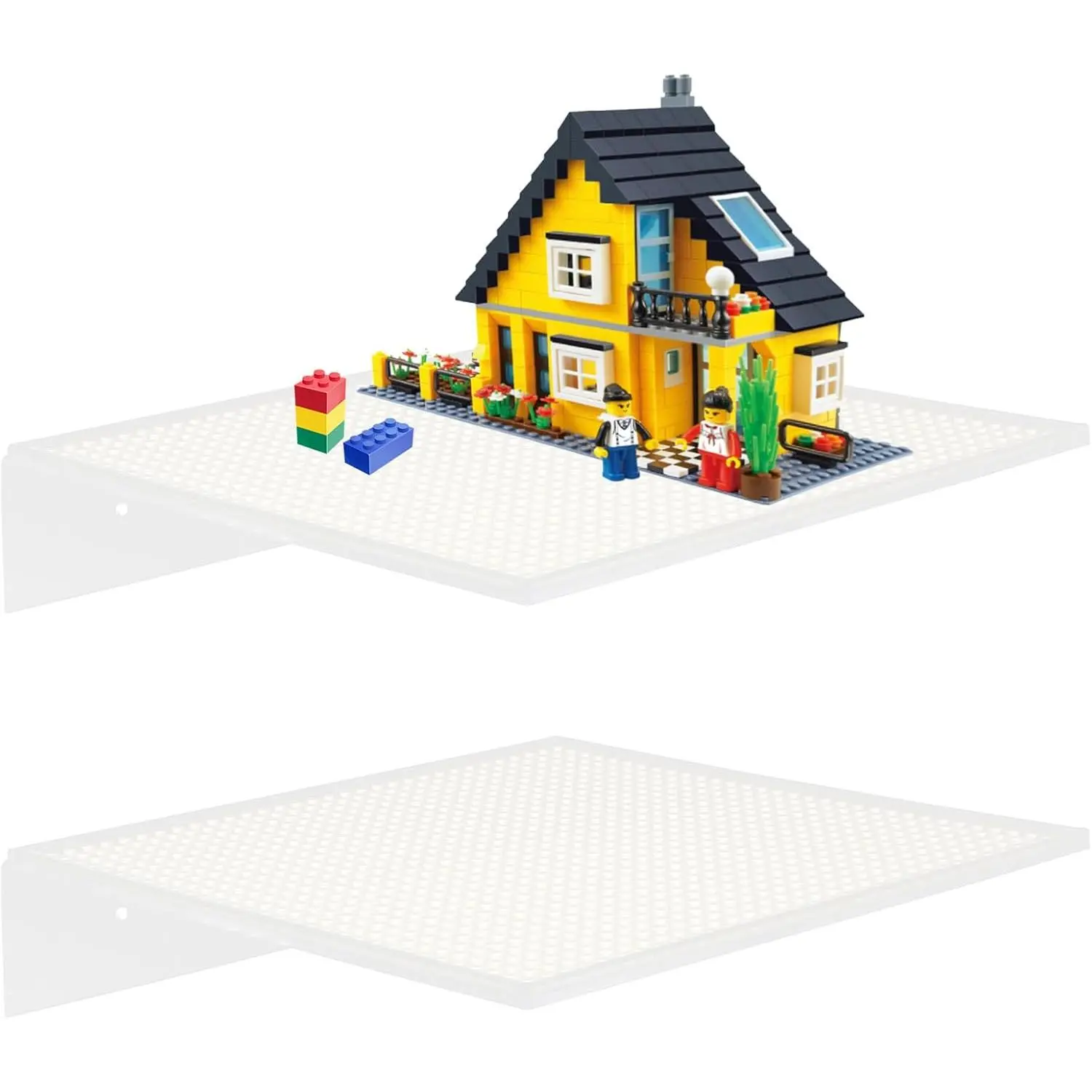 2-Pack Acrylic Hangable Removable Wall Rack Floating Shelves for Building Bricks - Room Decor, Wall-Mounted Storage Solutions, 32x32 Stud Base Plate, White, Compatible with Lego & Toy Block Collectibles (Shelf Only), Blank Wall