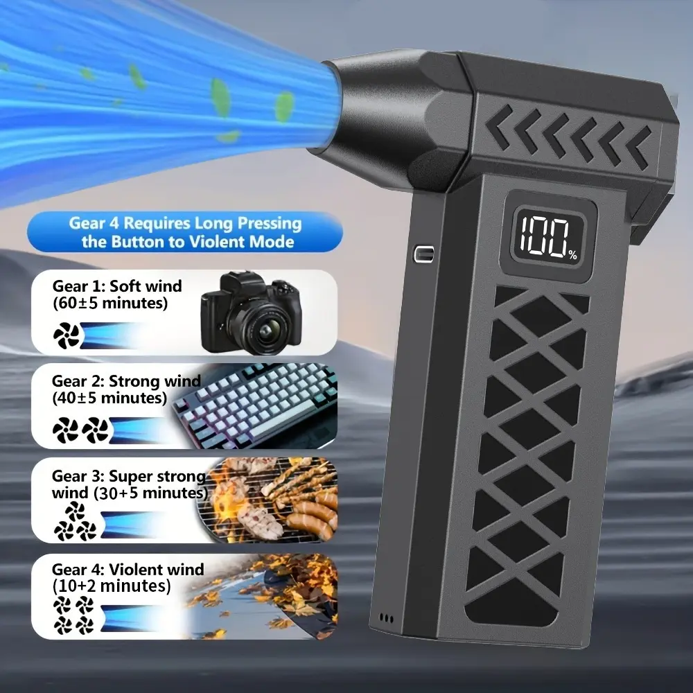 Cordless Rechargeable Portable Handheld Turbo Blower Fan - High-Velocity Turbine Air Duster for Car Detailing, Outdoor Cleaning, Usb Cable, Metallic Body
