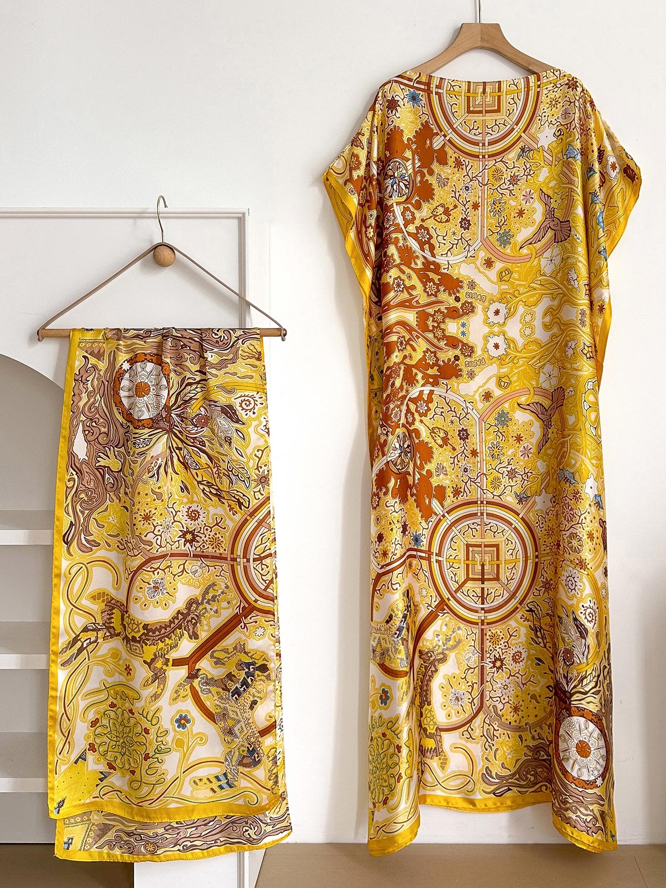 Women's Floral Print Long Dress & Scarf Set, Boho Casual Shawl Dress & Scarf Set for Beach Vacation Holiday, Ladies Clothes for All Seasons