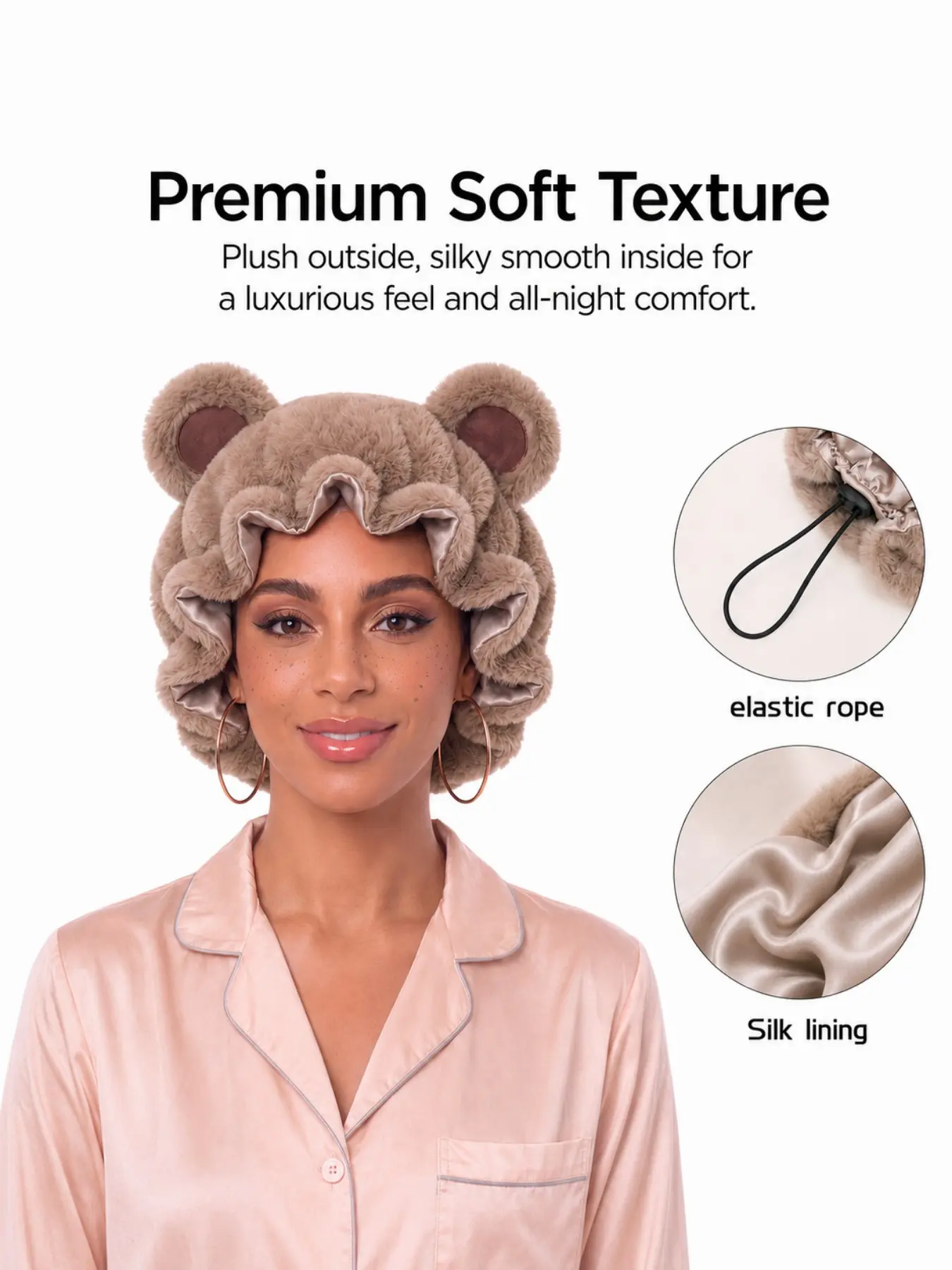 1pc Cute Bear Ear Plush Satin Teddy Hair Bonnet for Women, Adjustable Drawstring Sleep Cap, Soft Fuzzy Night Hat, Silky Lined Hair Wrap for Curly Natural Hair, Braids, Locs & Long Hair, Frizz Control Hair Protection, Cozy Sleepwear Gift