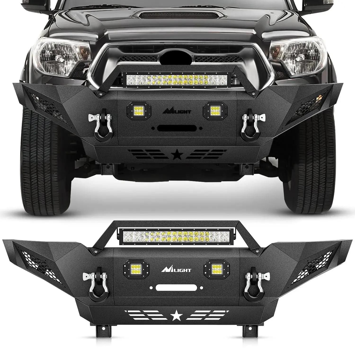 Nilight Front Bumper with Full Width Solid Steel Winch Plate, Offroad Lights for 2005-2015 Toyota Tacoma, 120W Light Bar, 18W Pods, Rugged Look